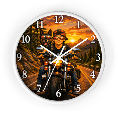 Biker K-9 Sunset Wall Clock — Motorcycle Rider & Dog Road Trip Decor