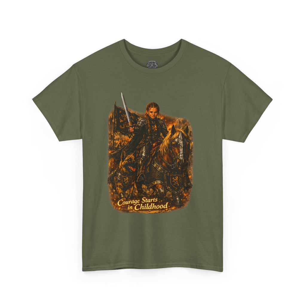 Medieval Knight Graphic Tee — "Courage Starts in Childhood" Vintage Fantasy T‑Shirt