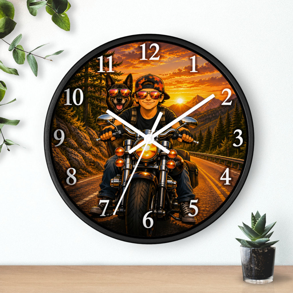 Biker K-9 Sunset Wall Clock — Motorcycle Rider & Dog Road Trip Decor