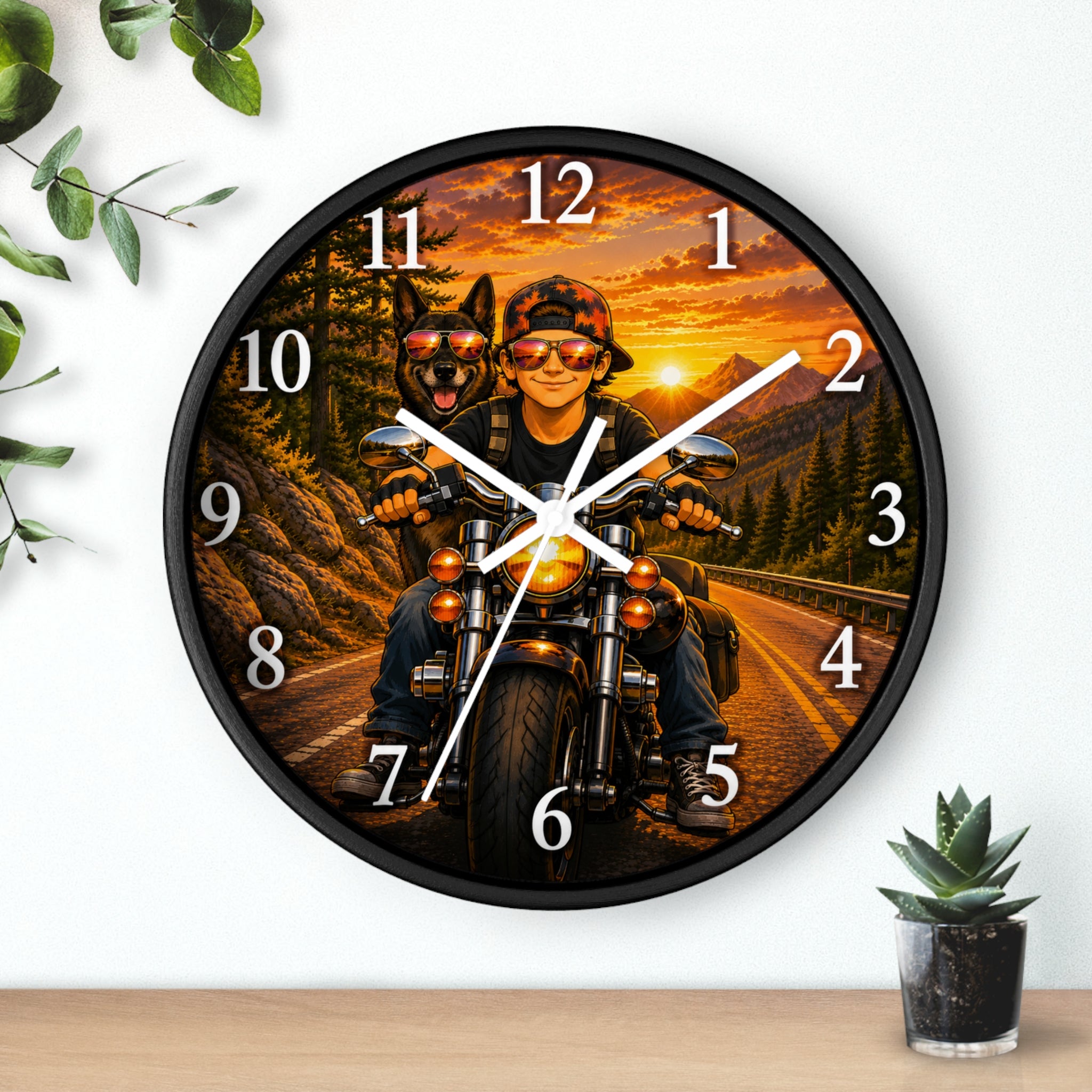 Biker K-9 Sunset Wall Clock — Motorcycle Rider & Dog Road Trip Decor