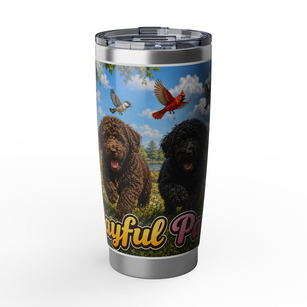 Playful Doodle 20oz Travel Tumbler — Dog Lover Insulated Cup with Scenic Paw Print Design