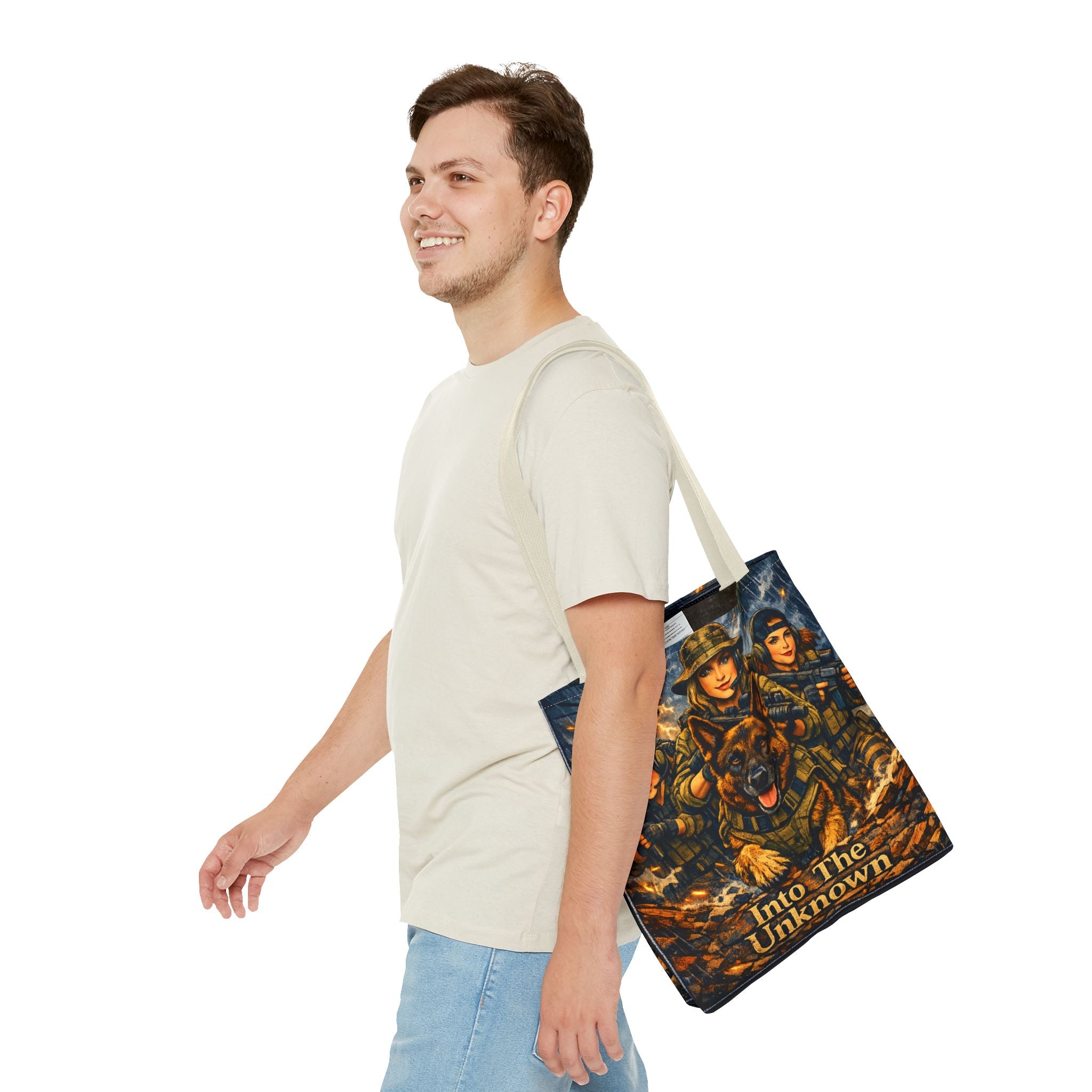 Military K9 Tote Bag — "Into The Unknown" Tactical Dog & Soldier Print