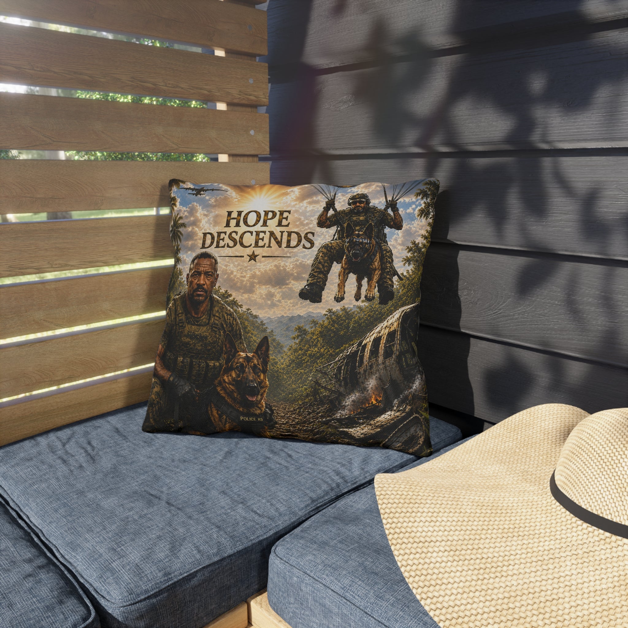 Hope Descends Outdoor Pillow – Military K9 Search & Rescue Paratrooper Throw Pillow