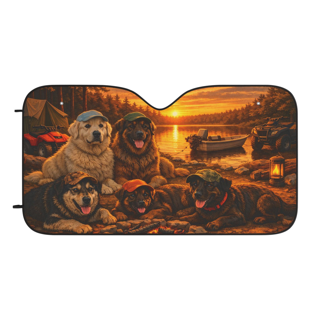 Camping Dogs Car Sunshade - Sunset Lake Scene Front Windshield Cover