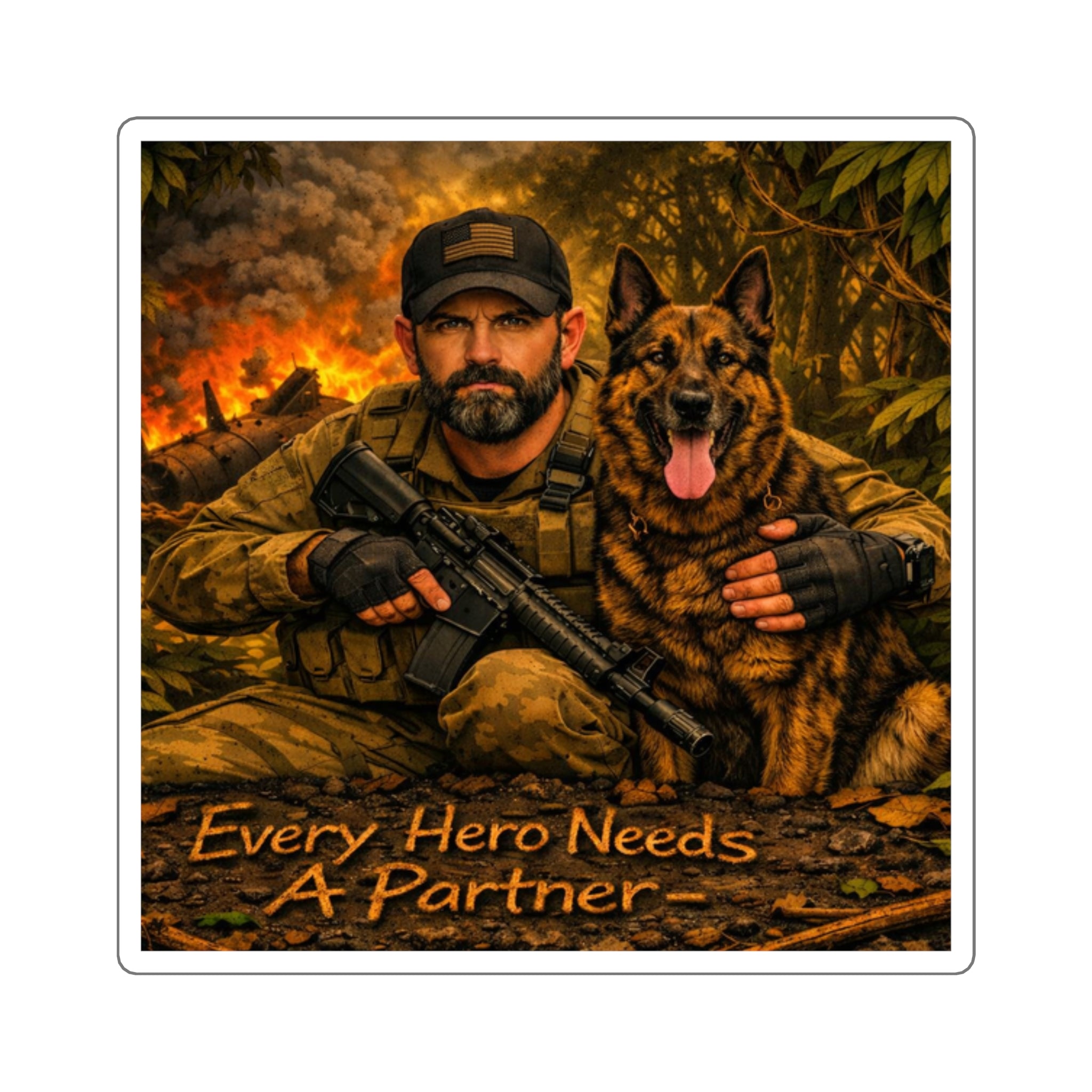 Square Sticker — 'Every Hero Needs a Partner' Military K9 Veteran Tribute