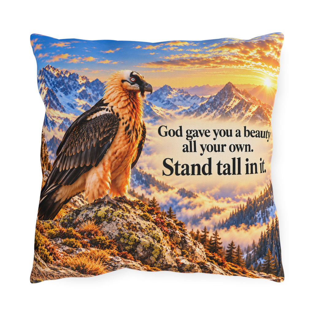Outdoor Pillow – Majestic Vulture Mountain Sunset, “Stand Tall” Inspirational Quote
