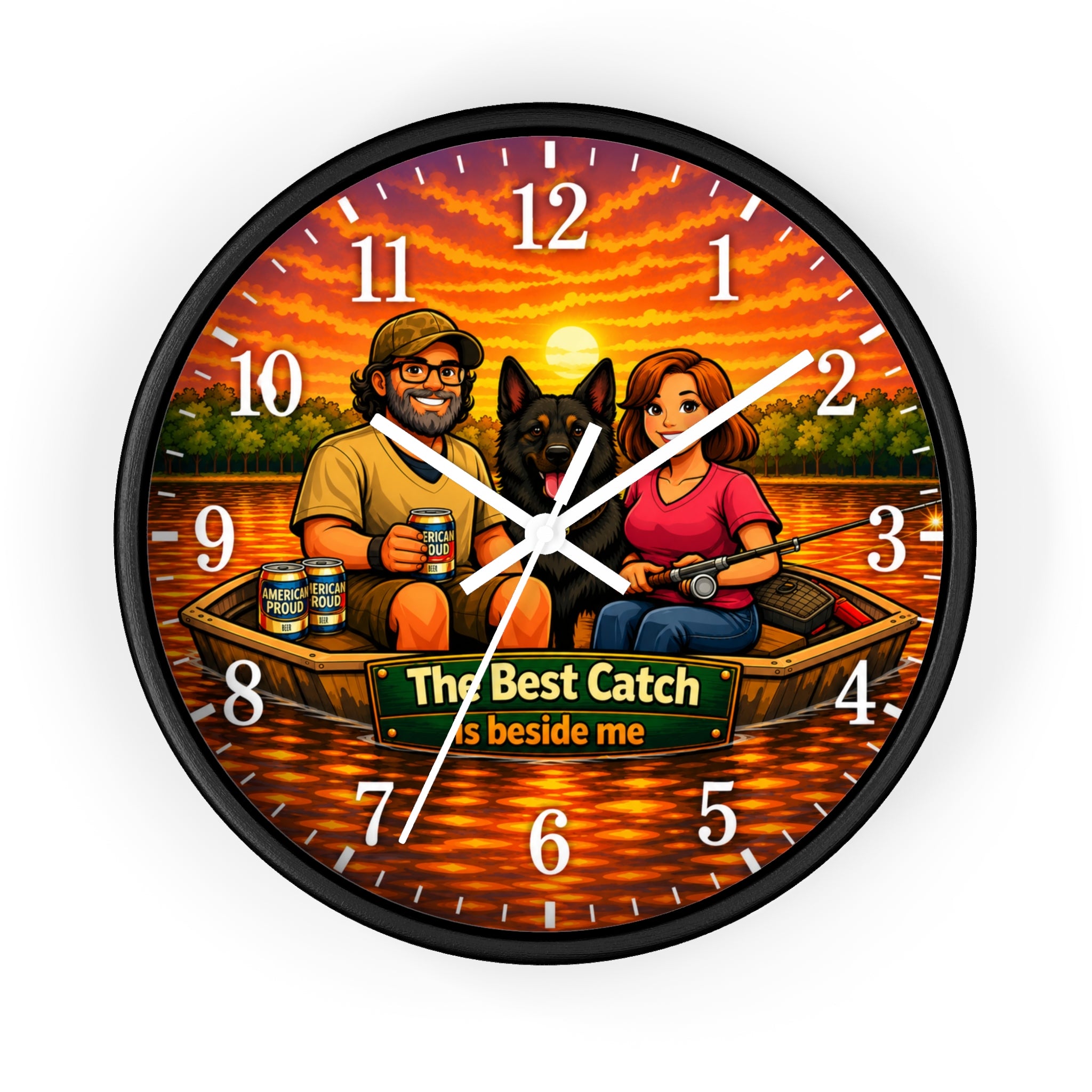 Fishing Couple Wall Clock — “The Best Catch Is Beside Me” Sunset Boat Clock