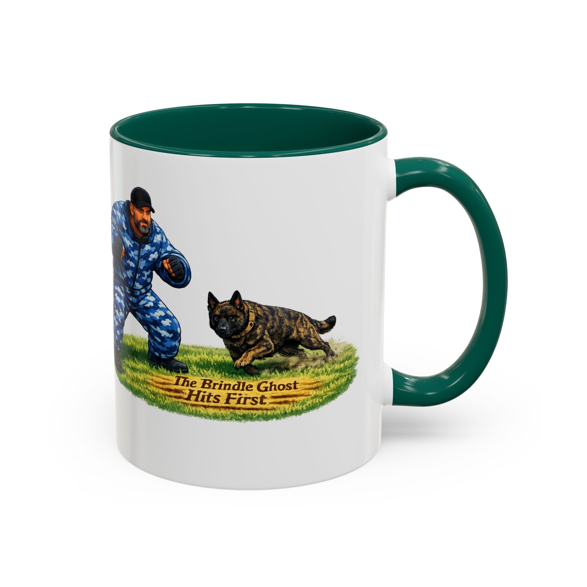 K9 Protection Trainer Mug — “The Brindle Ghost Hits First” Color Accent Coffee Cup (11oz/15oz)