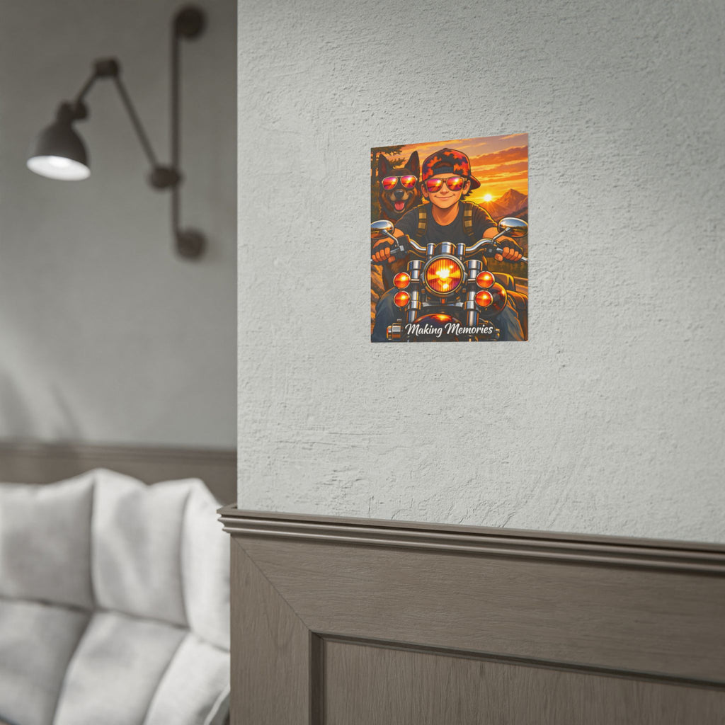 Rolled Poster — "Making Memories" Motorcycle Rider & Dog Sunset Art