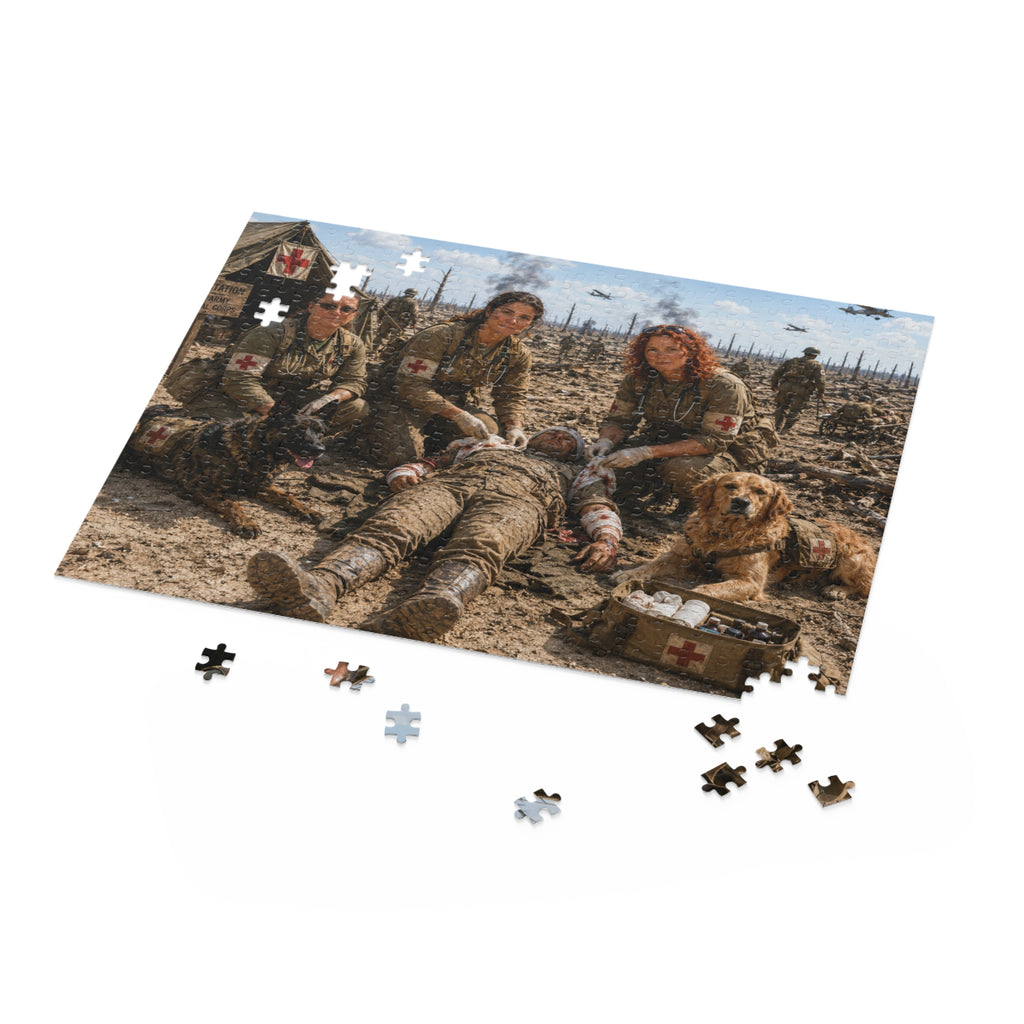 Military Medic Scene Puzzle — WWII Battlefield Nurses with Dogs (120/252/500-Piece)