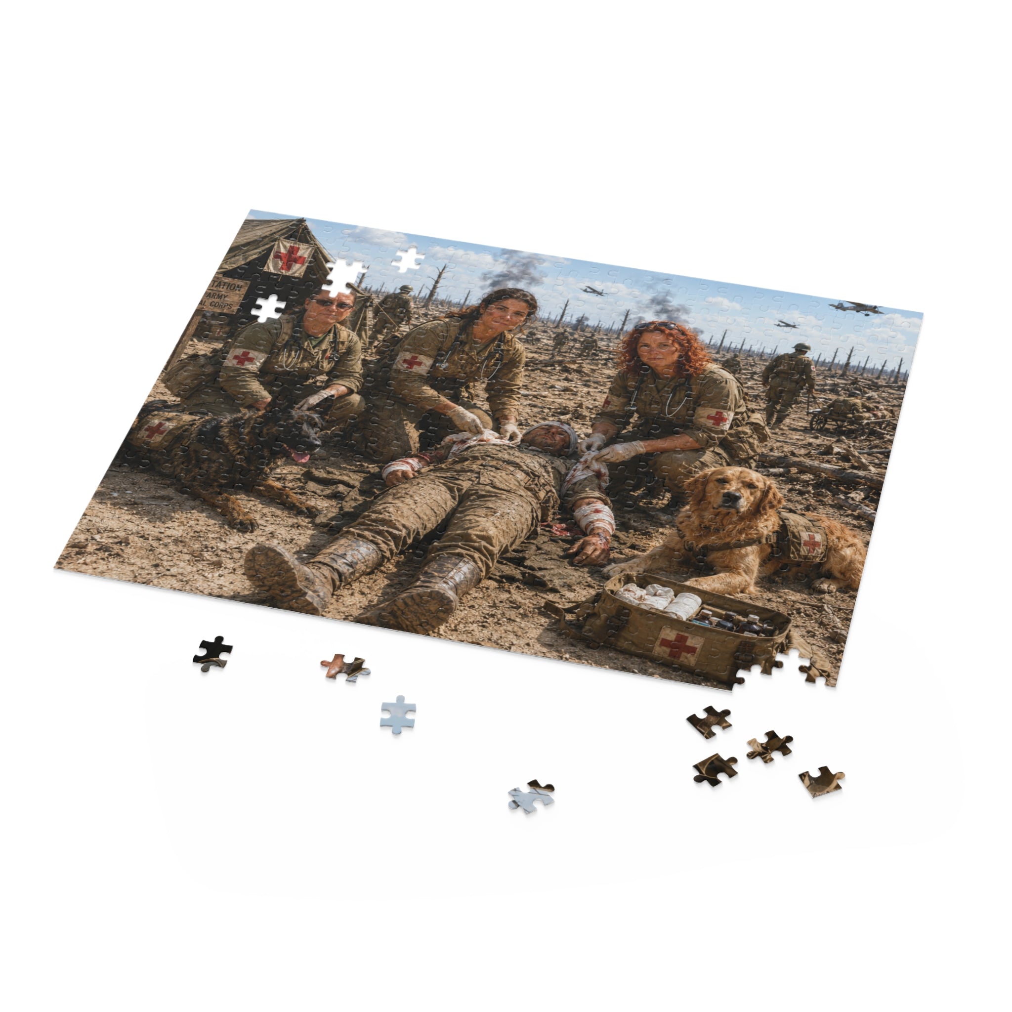 Military Medic Scene Puzzle — WWII Battlefield Nurses with Dogs (120/252/500-Piece)