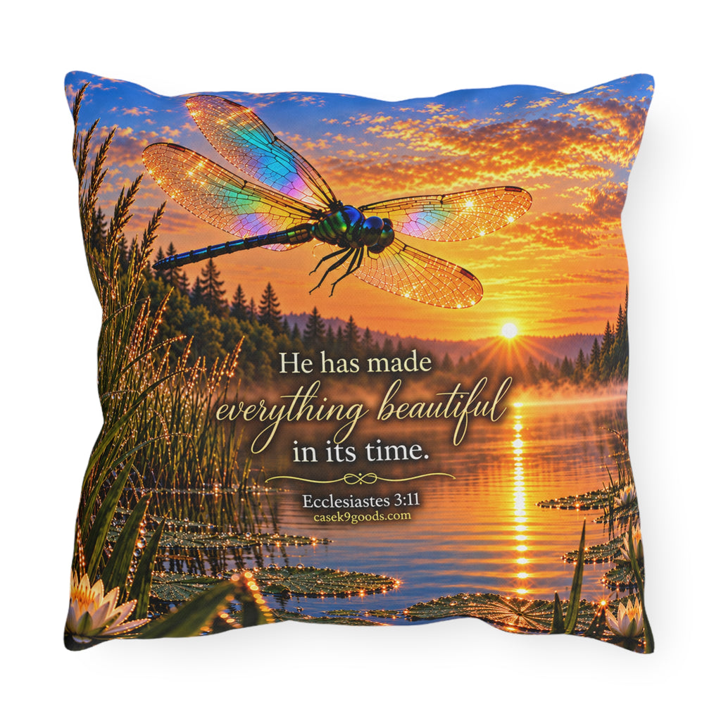 Outdoor Decorative Pillow – Dragonfly Sunset Lake with Ecclesiastes 3:11 Bible Verse