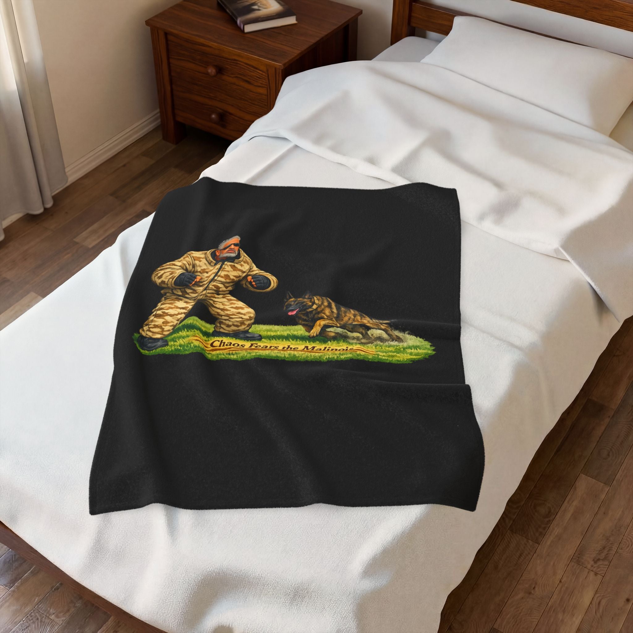 Velveteen Plush Blanket - 'Chaos Fears the Malinois' Dog Training Bite Suit Design