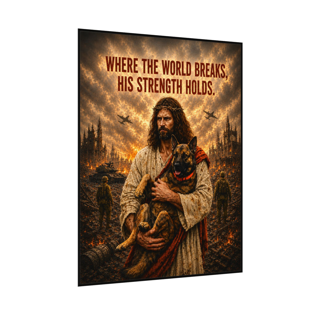 Christian Inspirational Poster — "Where the World Breaks, His Strength Holds" Matte Art