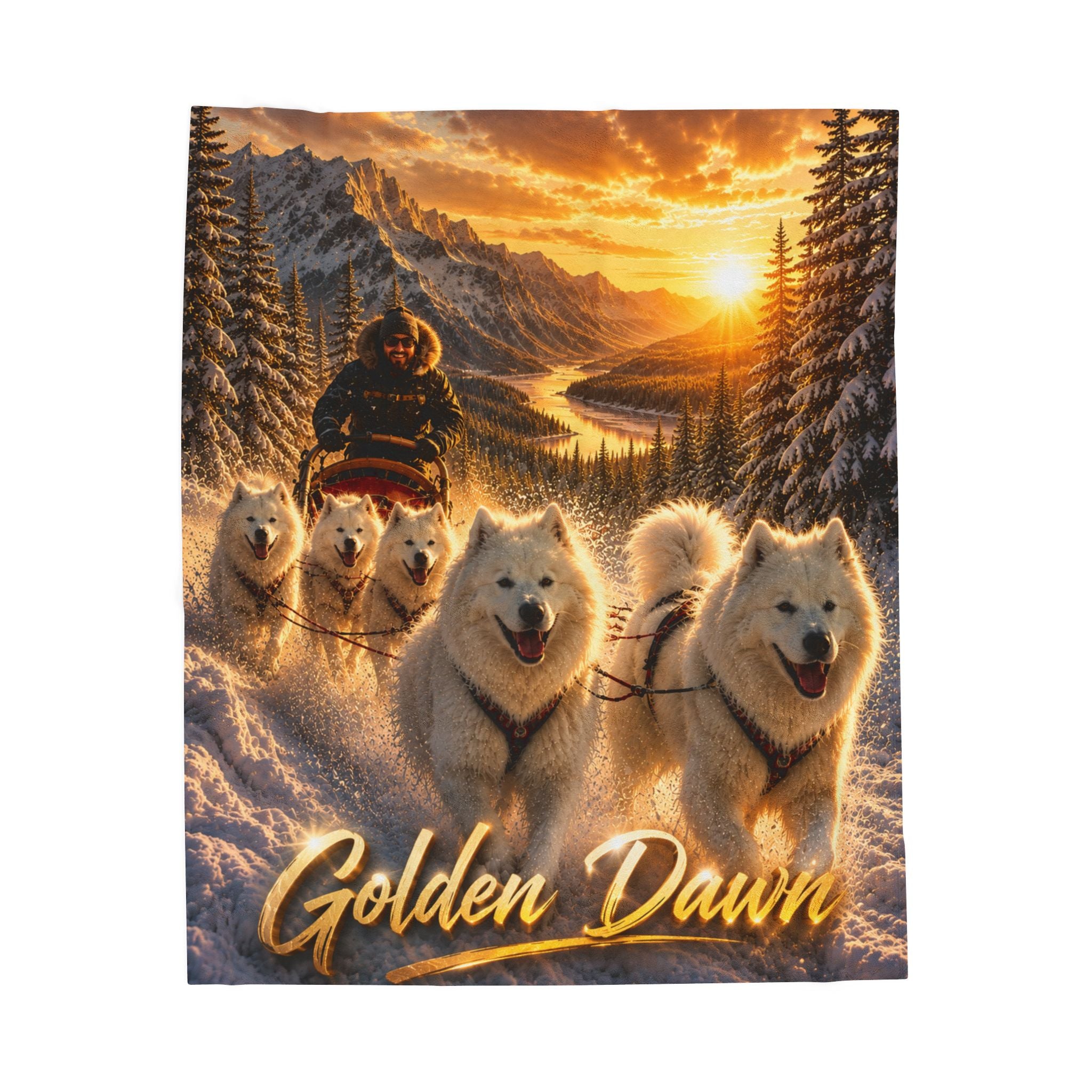 'Golden Dawn' Samoyed Sled Dogs Winter Scenic Throw-Velveteen Plush Blanket
