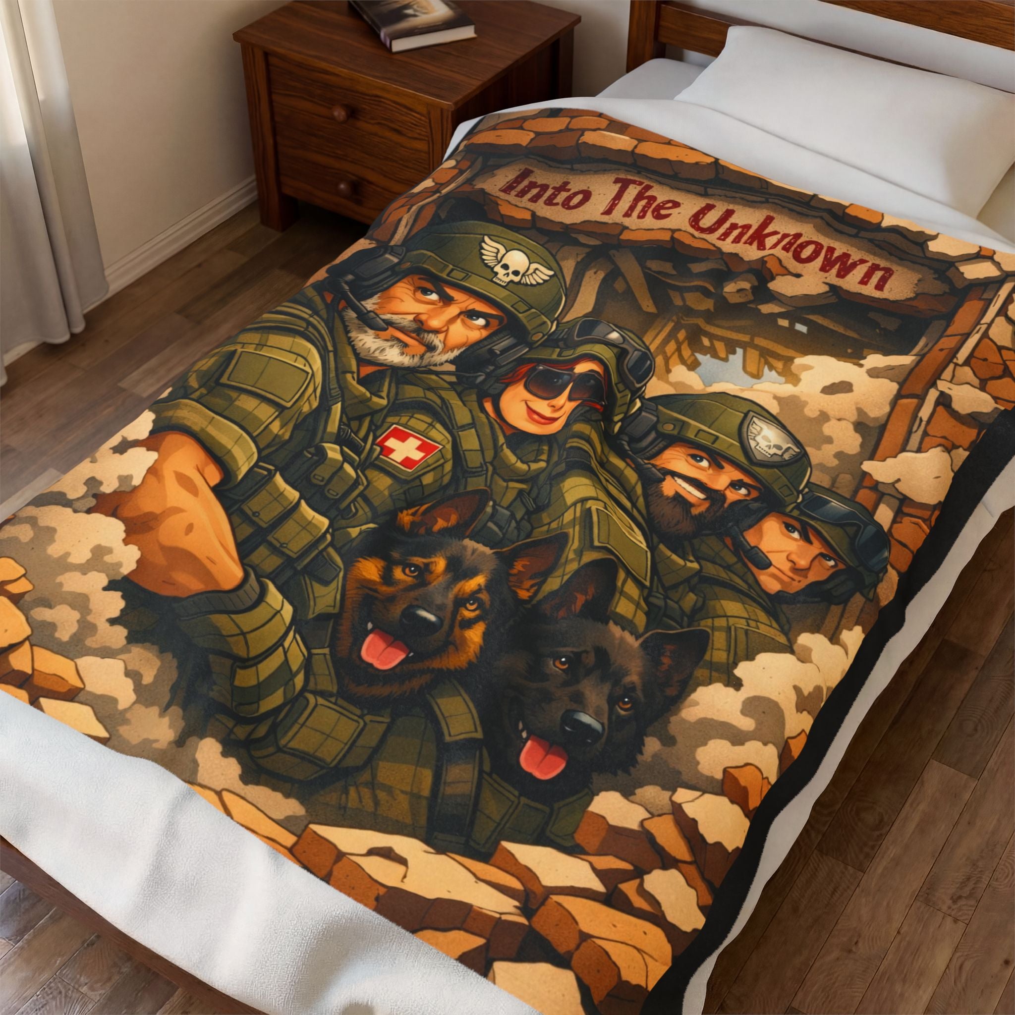 Into The Unknown Military Crew Velveteen Plush Blanket — Tactical Soldiers & K9s Throw