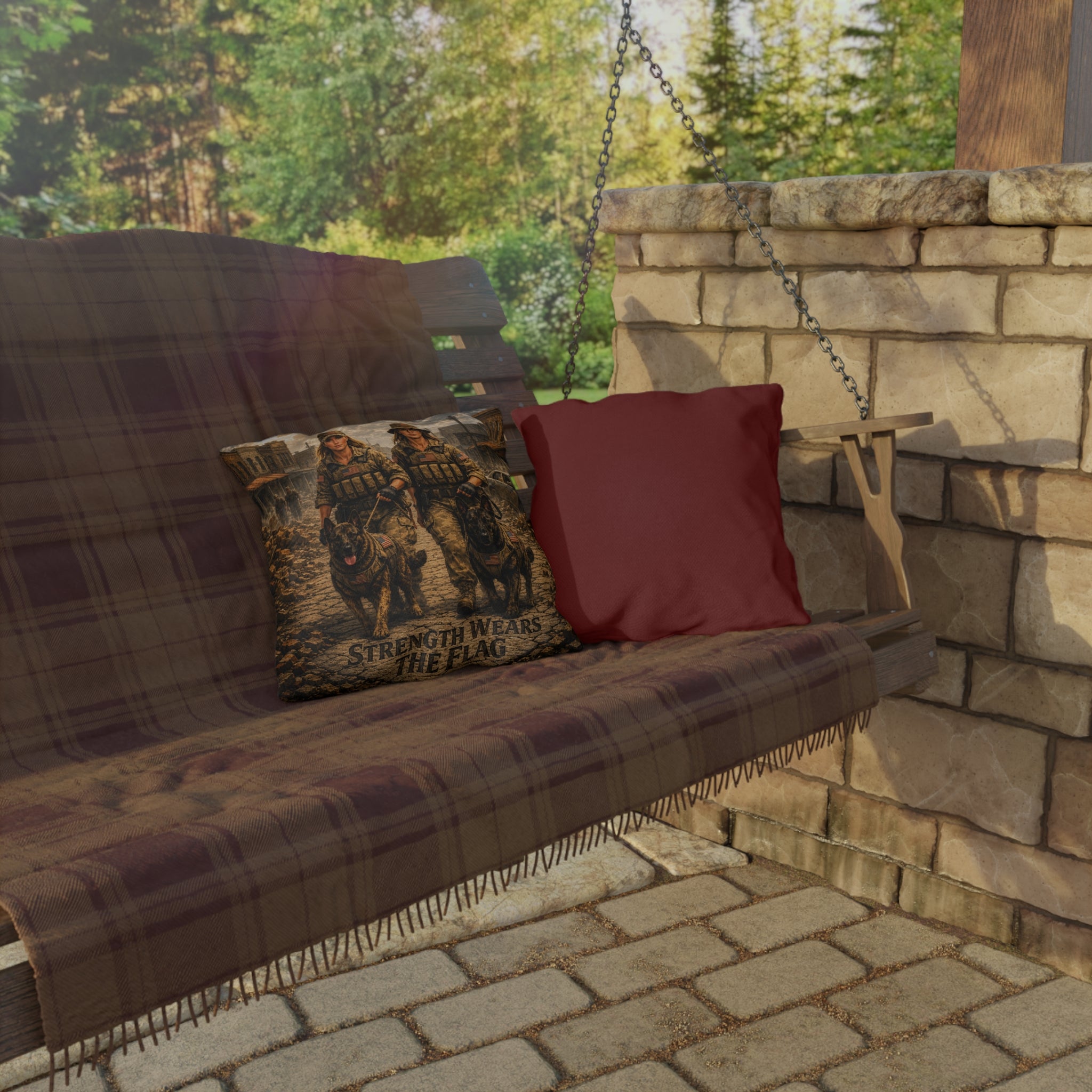 Outdoor Pillow — Female Soldier K9 Unit Design, "Strength Wears a Badge" Military Decorative Pillow