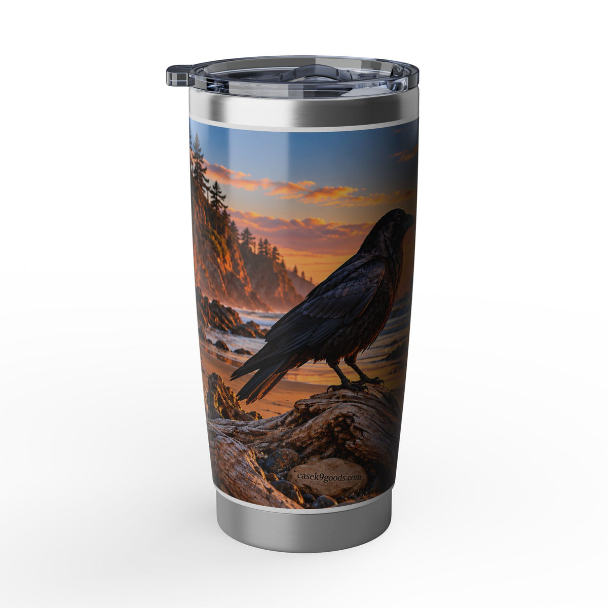 Vagabond Sunset Raven 20oz Tumbler — Pacific Coast Scenic Travel Mug with Inspirational Quote