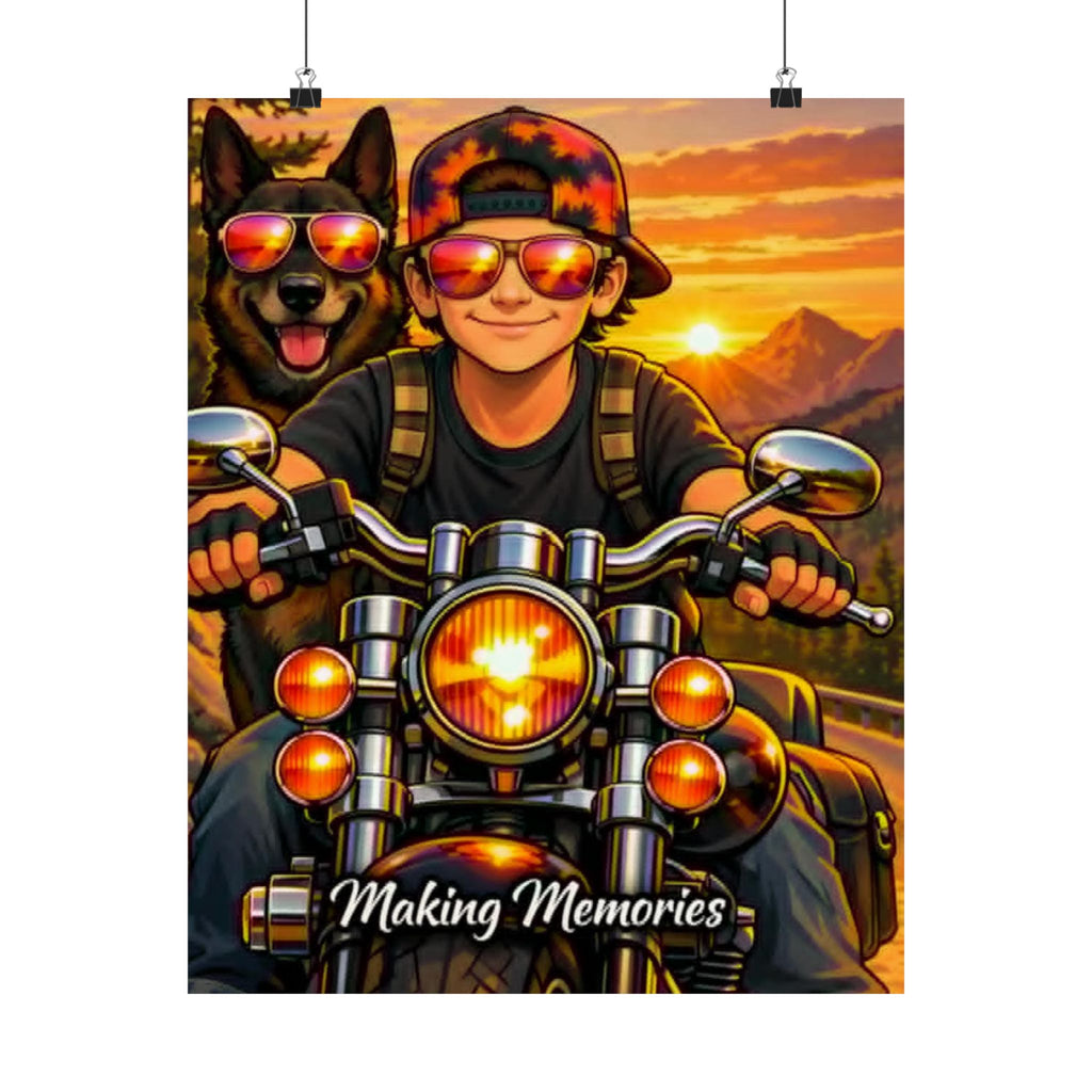 Satin Poster – 'Making Memories' Motorcycle Rider & Dog Sunset Print (210gsm)