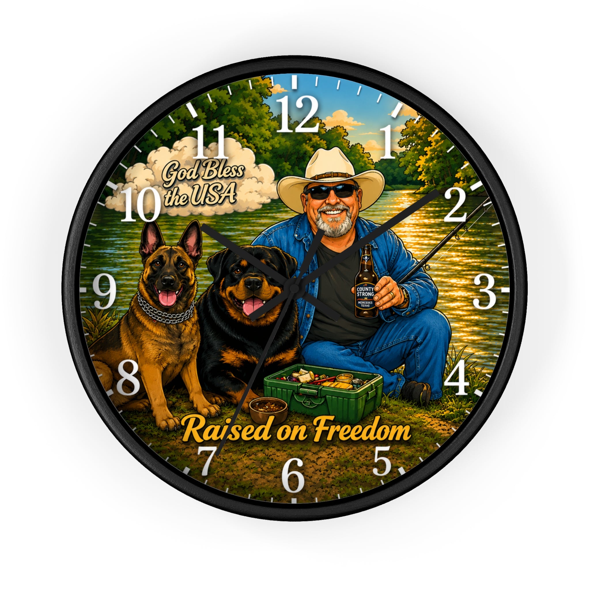 Raised on Freedom Wall Clock — 'God Bless the USA' Patriotic Fishing Clock with Dogs