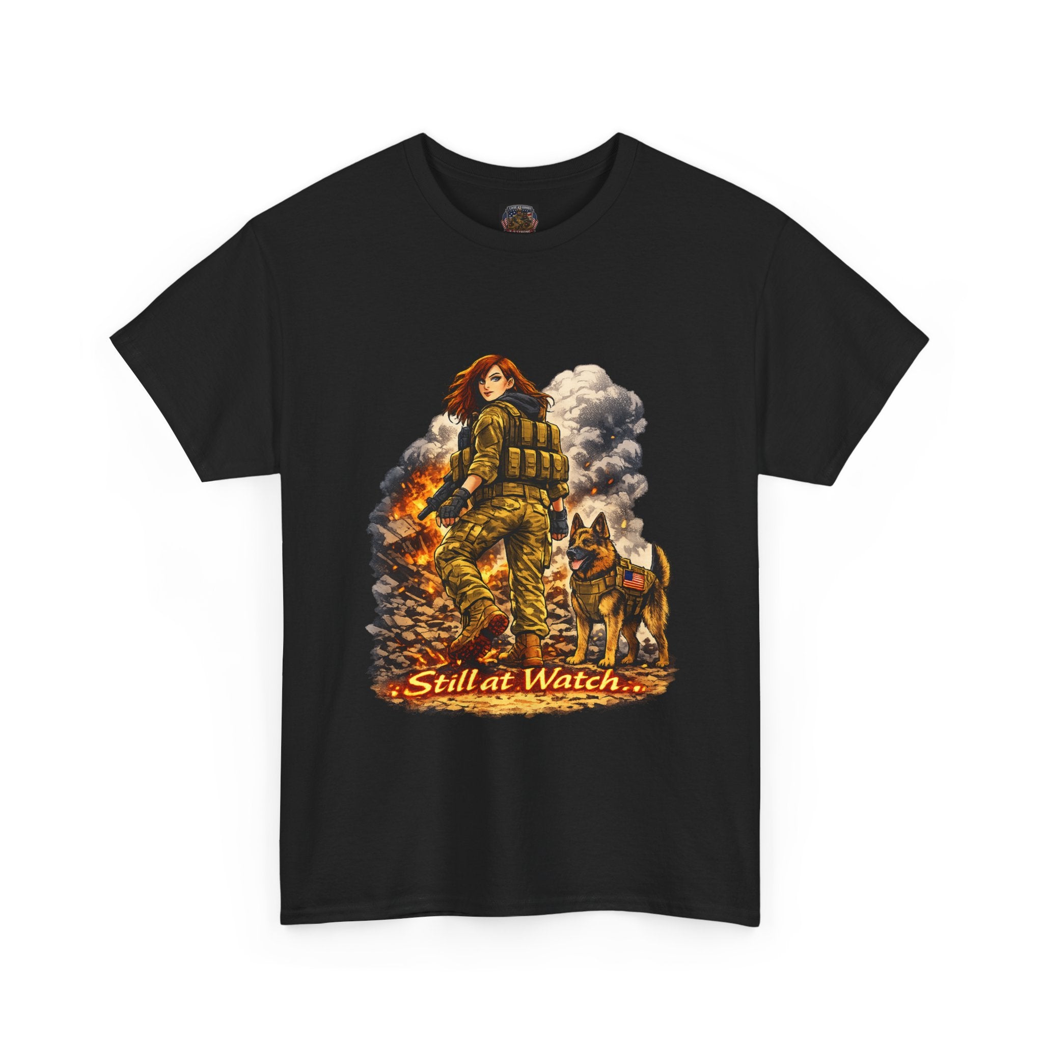 T-Shirt — "Still at Watch" Military Woman & K9 Fire Scene Graphic Tee