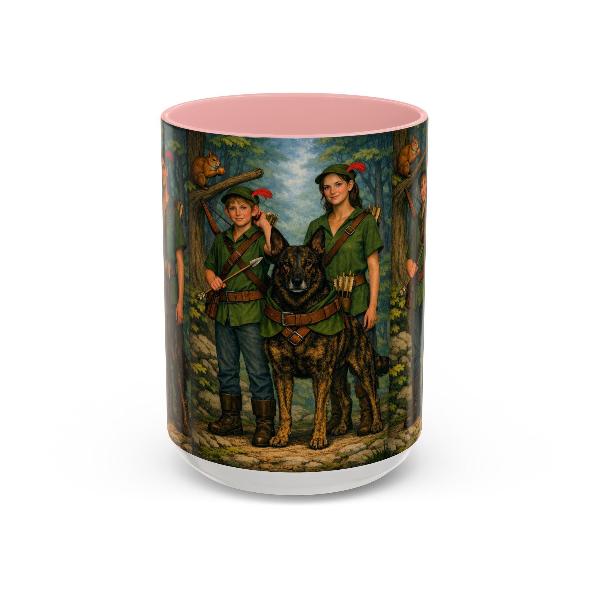 Robin Hood Duo &  Dutch Shepherd Dog Coffee Mug – Fantasy Archer Duo Illustration, Gift for Adventure Fans