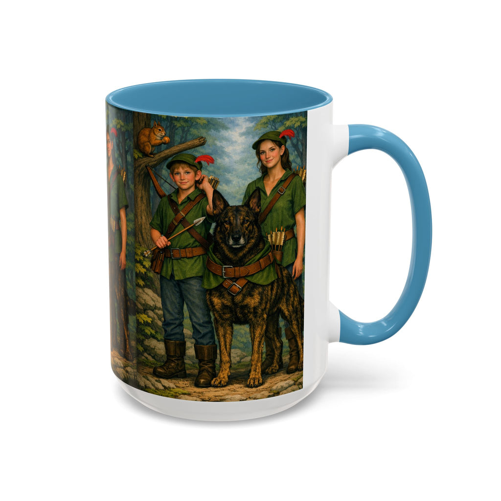 Robin Hood Duo &  Dutch Shepherd Dog Coffee Mug – Fantasy Archer Duo Illustration, Gift for Adventure Fans