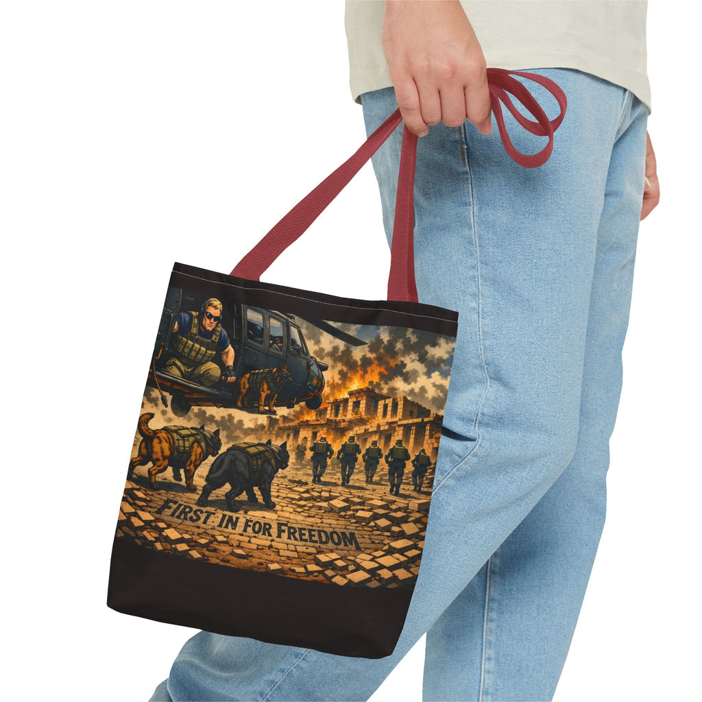 Tote Bag — "First In For Freedom" Military Scene Tote