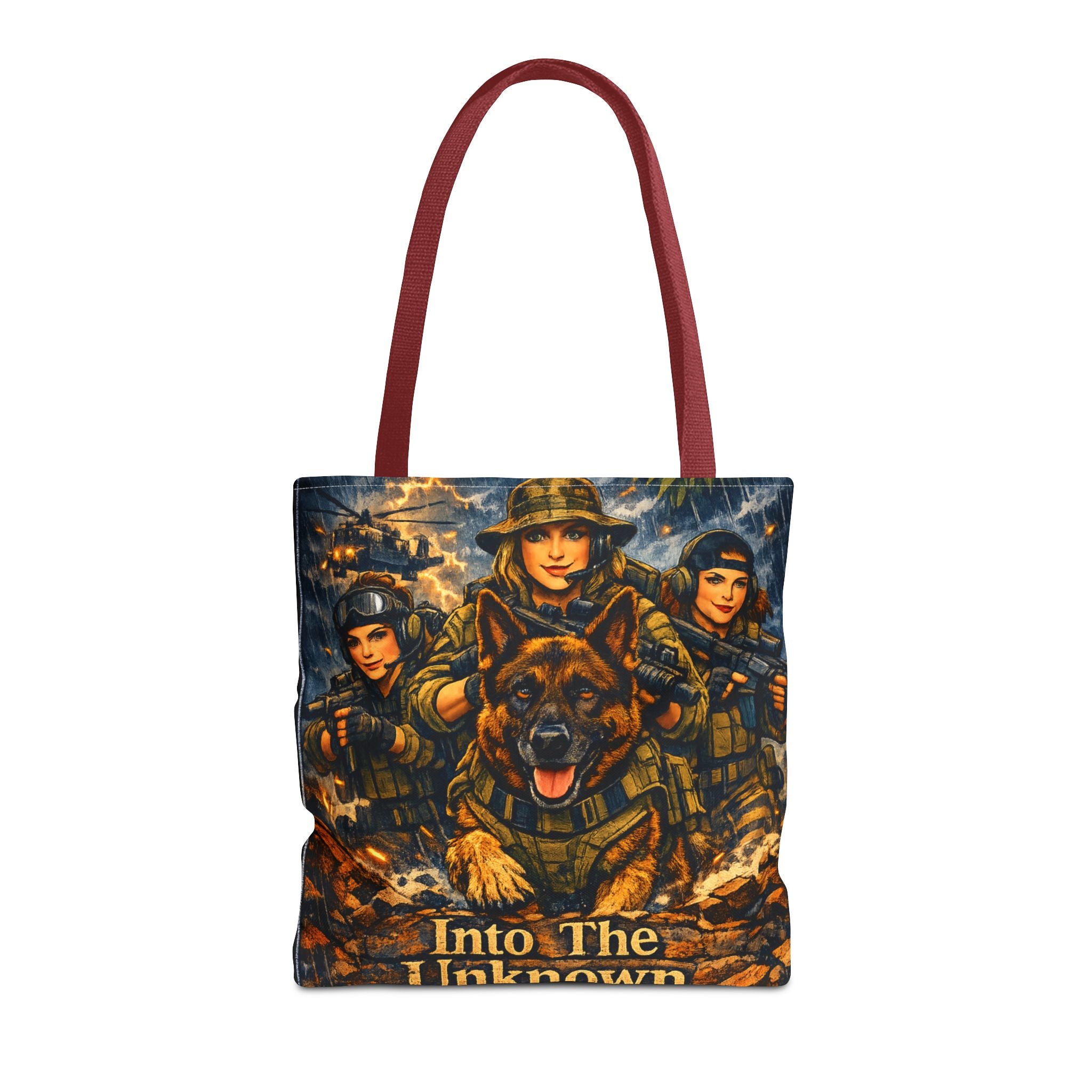 Military K9 Tote Bag — "Into The Unknown" Tactical Dog & Soldier Print