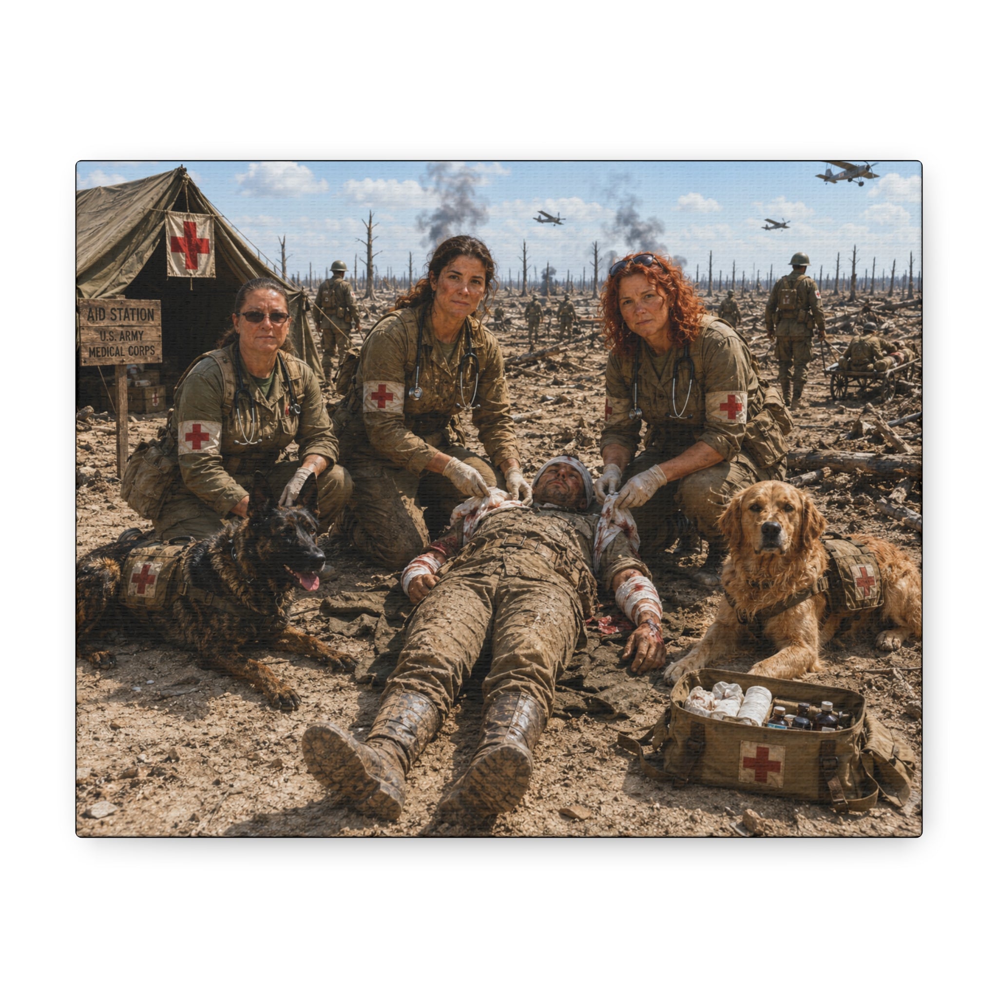 Military Women K-9 Medic Canvas Print — Battlefield Nurse Veterans Wall Art