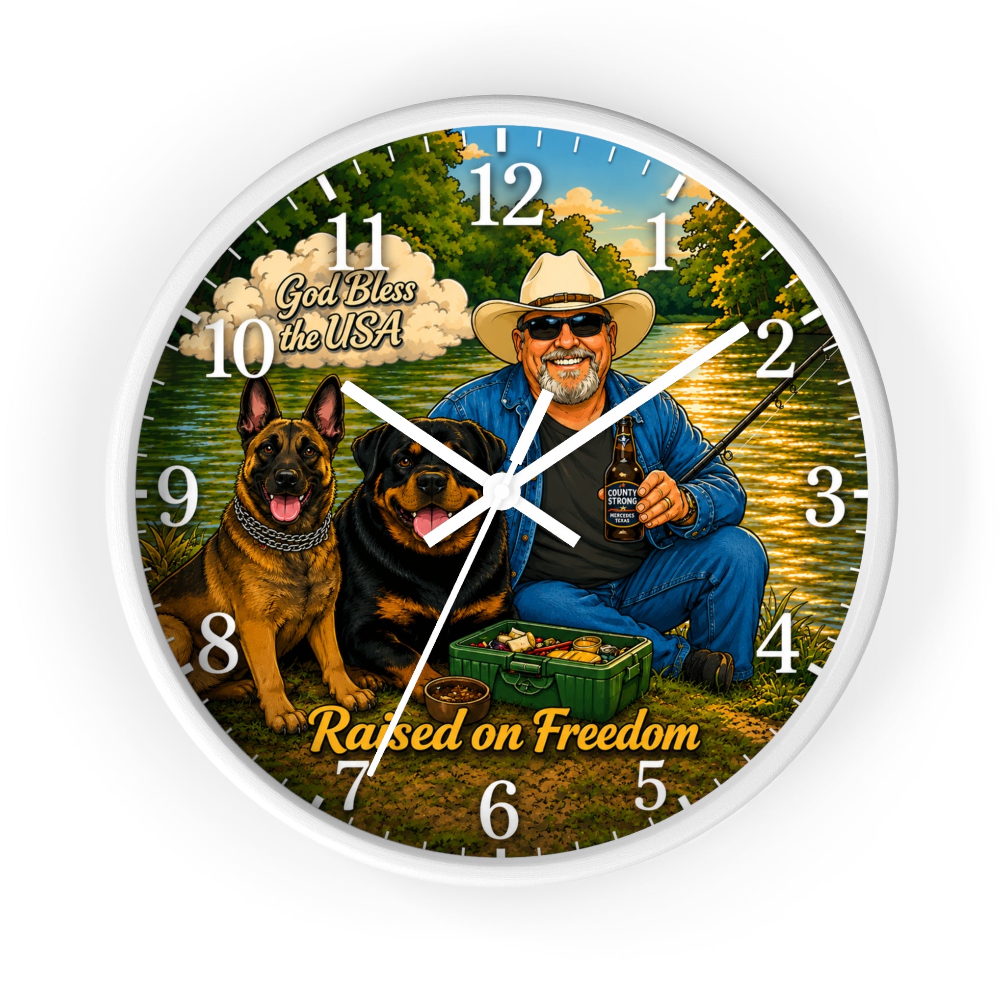 Raised on Freedom Wall Clock — 'God Bless the USA' Patriotic Fishing Clock with Dogs