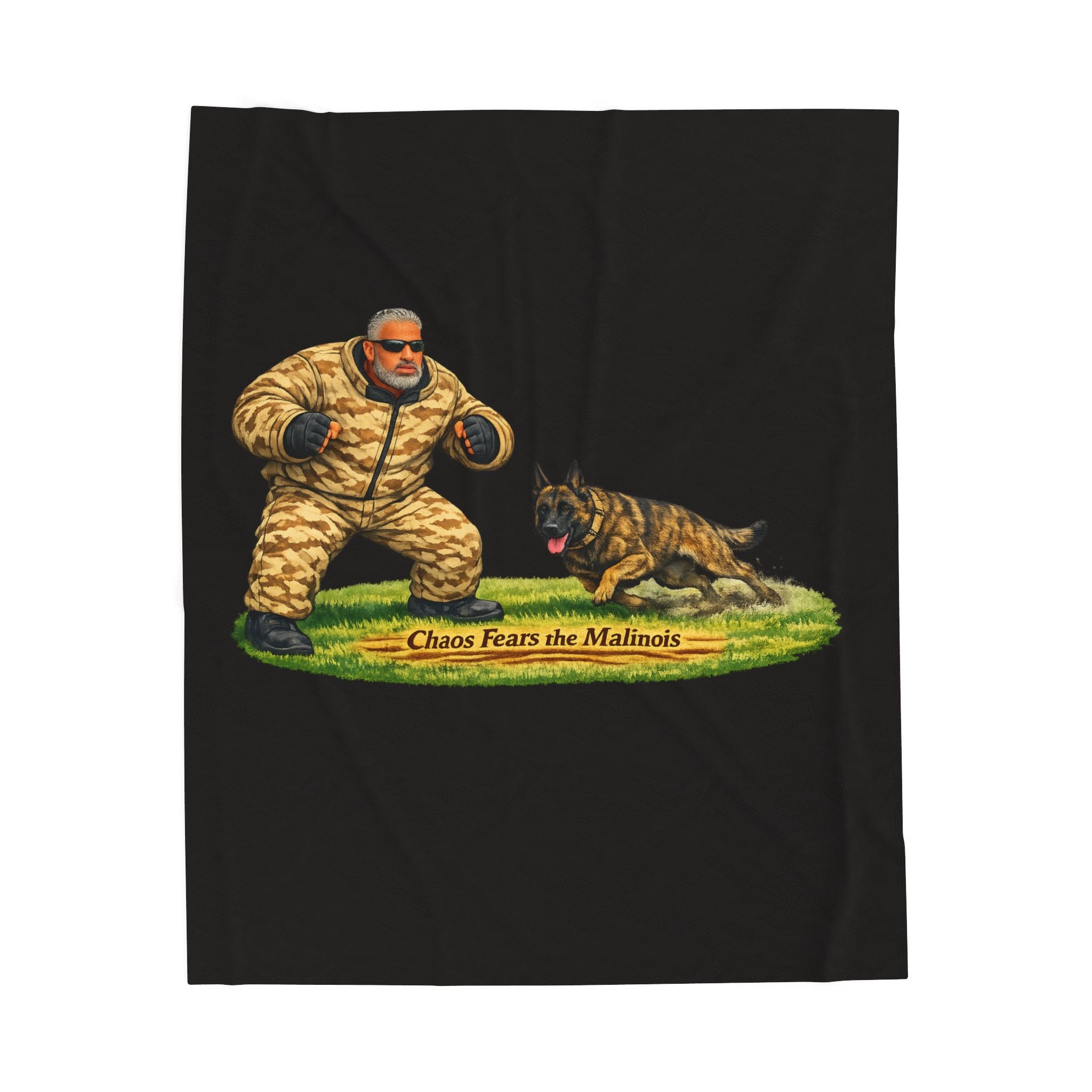 Velveteen Plush Blanket - 'Chaos Fears the Malinois' Dog Training Bite Suit Design