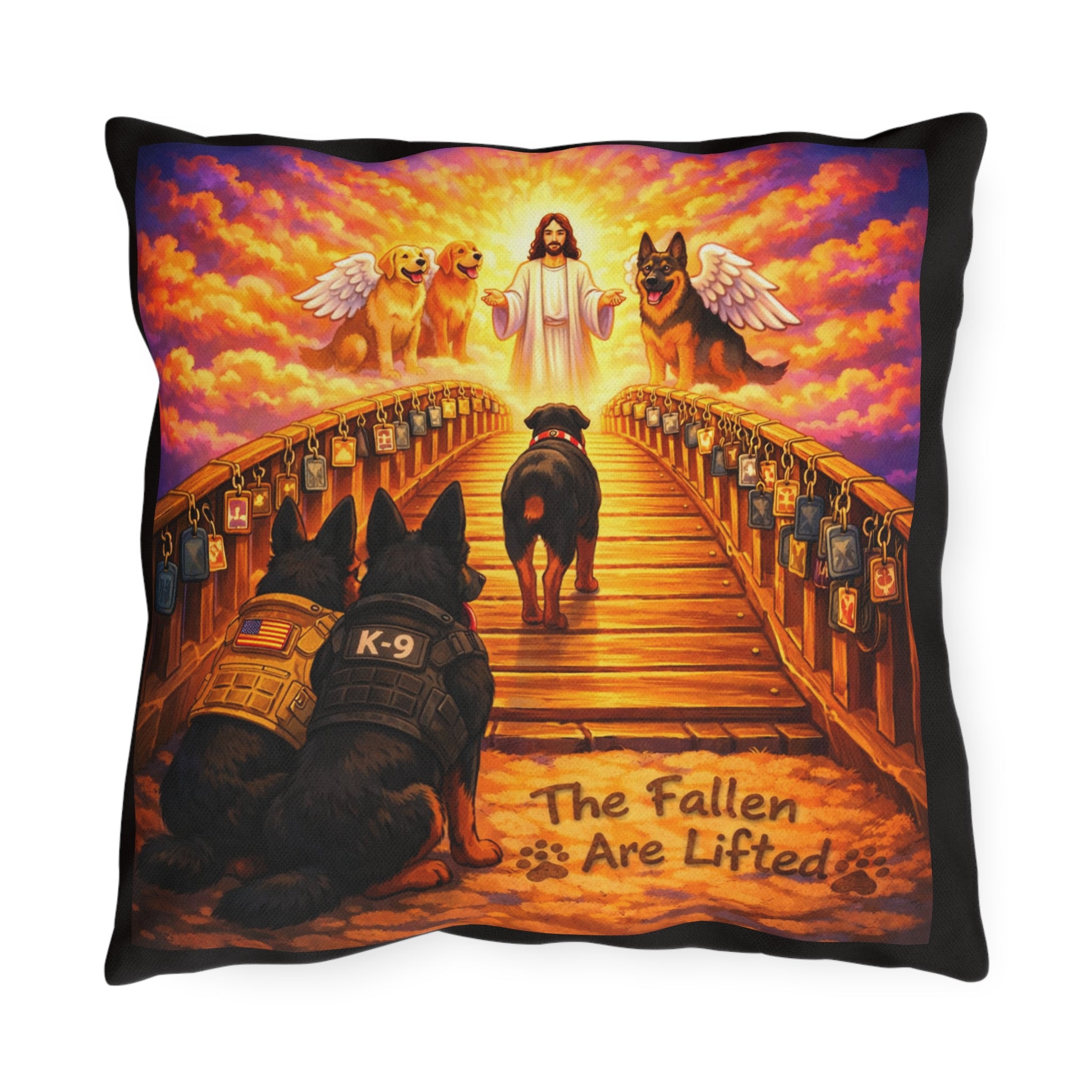Memorial K-9 Outdoor Pillow — "The Fallen Are Lifted" Dog Tribute Cushion