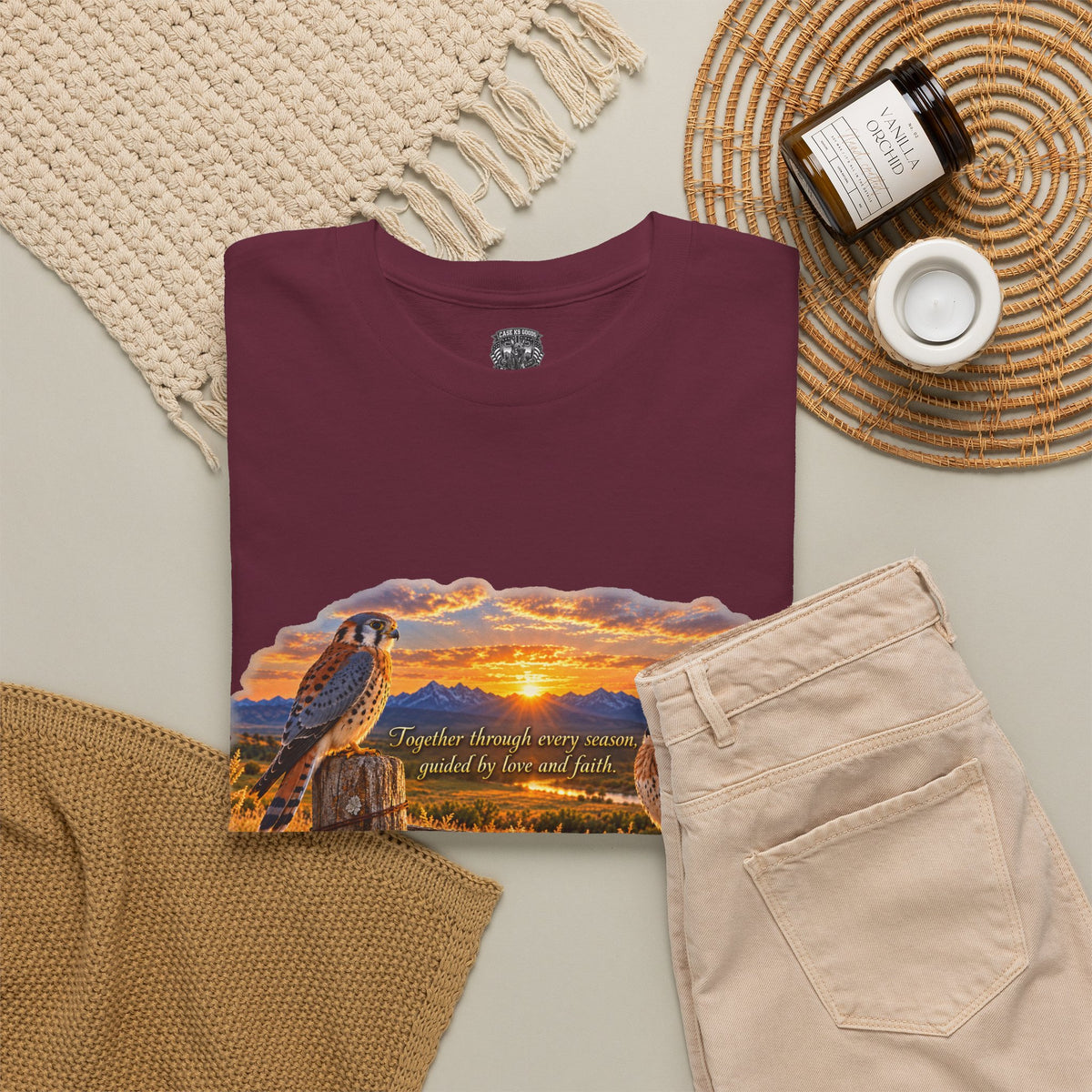 Desert Sunset Kestrels T-Shirt — Prairie Sunrise Hawk Pair Tee