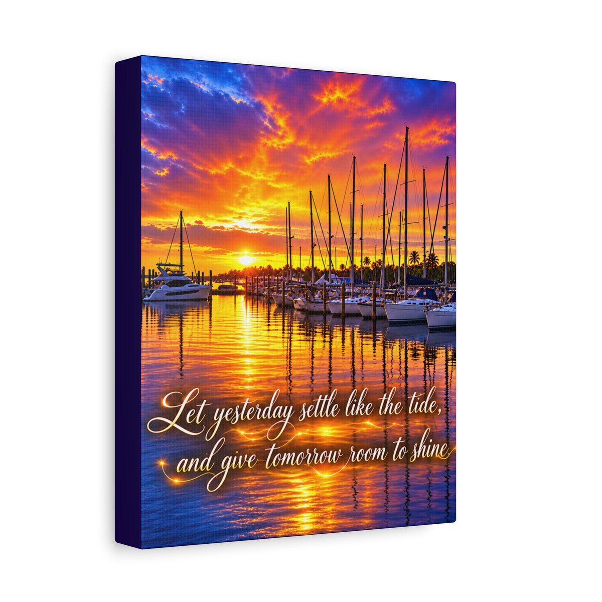 Sunset Marina Canvas Wall Art – “Let Yesterday Settle Like the Tide” Inspirational Coastal Decor