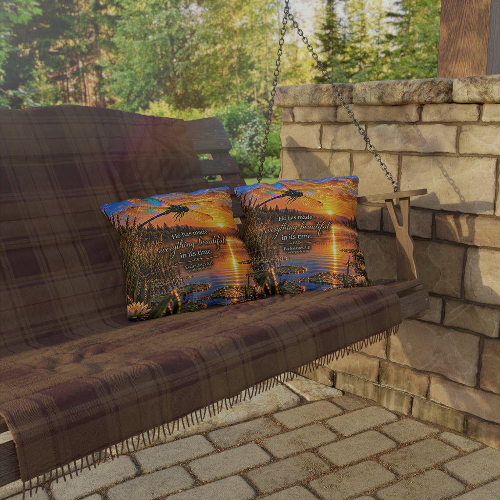 Outdoor Decorative Pillow – Dragonfly Sunset Lake with Ecclesiastes 3:11 Bible Verse