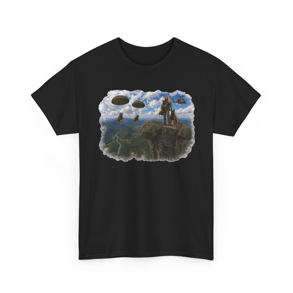 Fantasy Adventure T-Shirt — Warrior on Cliff with Airship Sky Scene