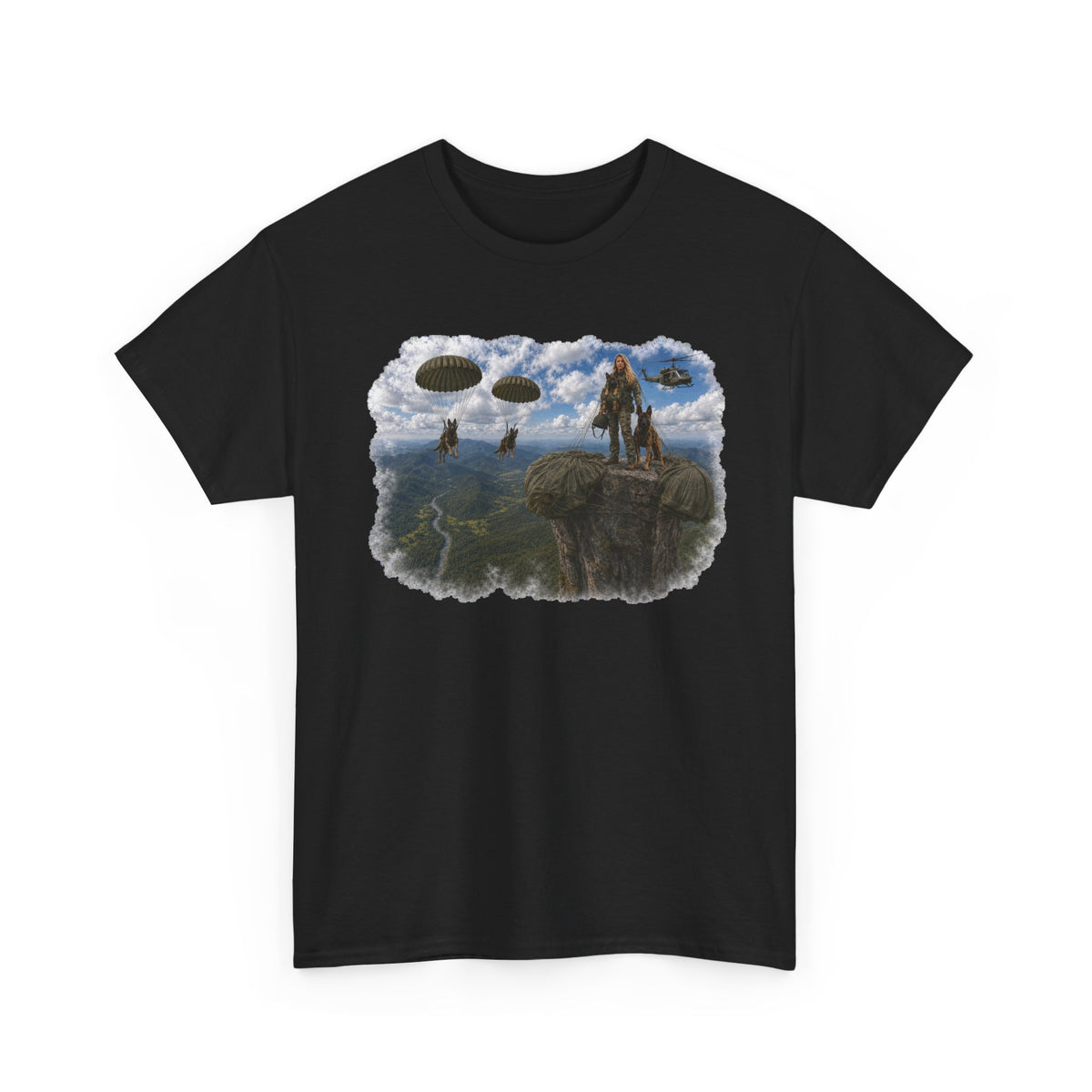 Fantasy Adventure T-Shirt — Warrior on Cliff with Airship Sky Scene