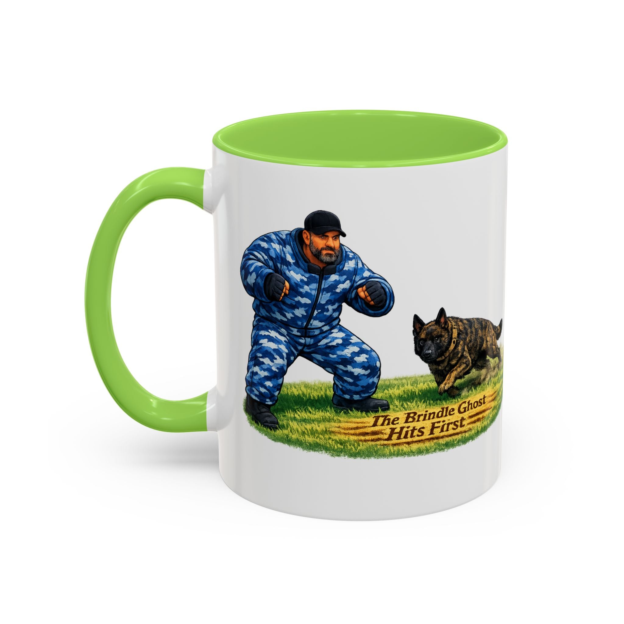 K9 Protection Trainer Mug — “The Brindle Ghost Hits First” Color Accent Coffee Cup (11oz/15oz)