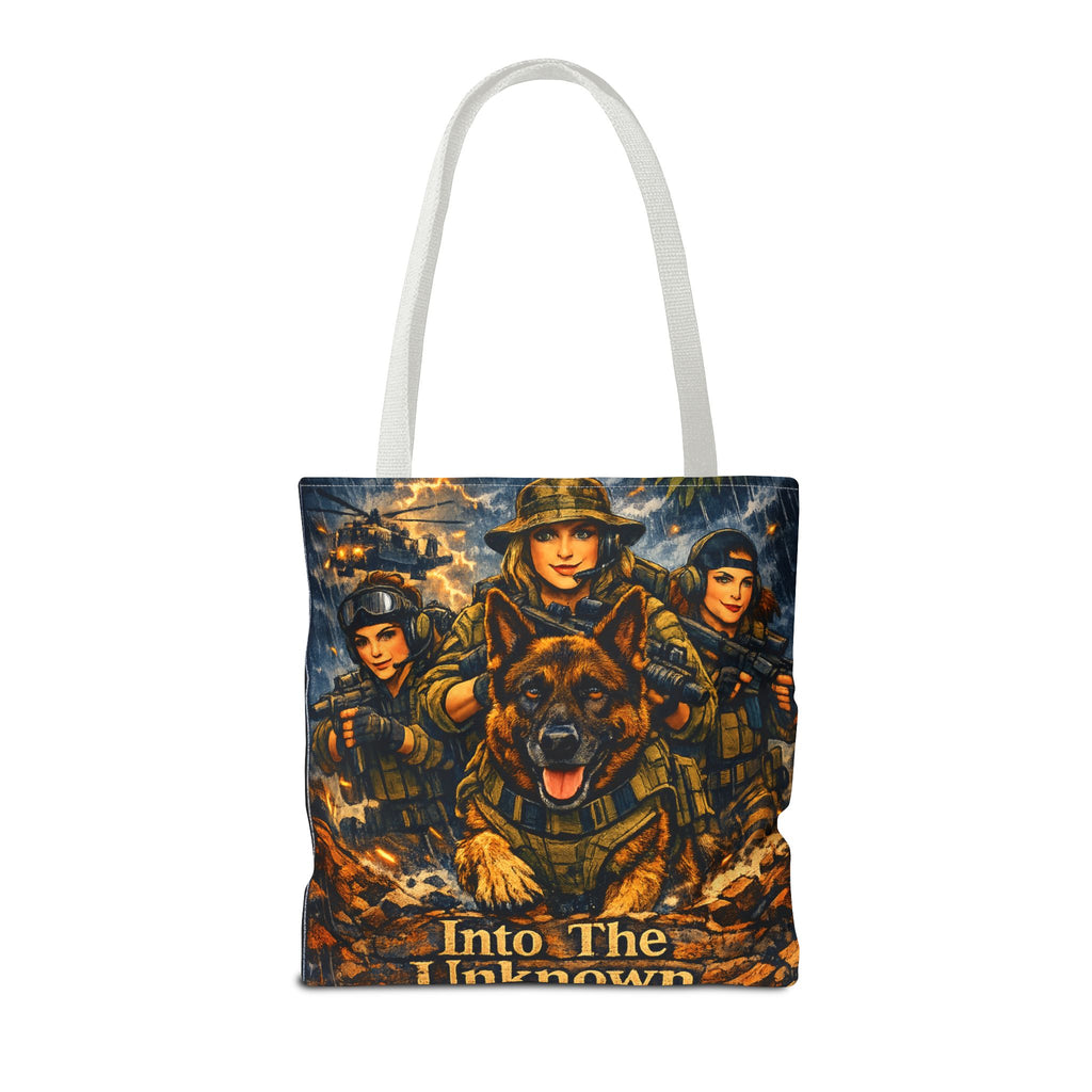 Military K9 Tote Bag — "Into The Unknown" Tactical Dog & Soldier Print