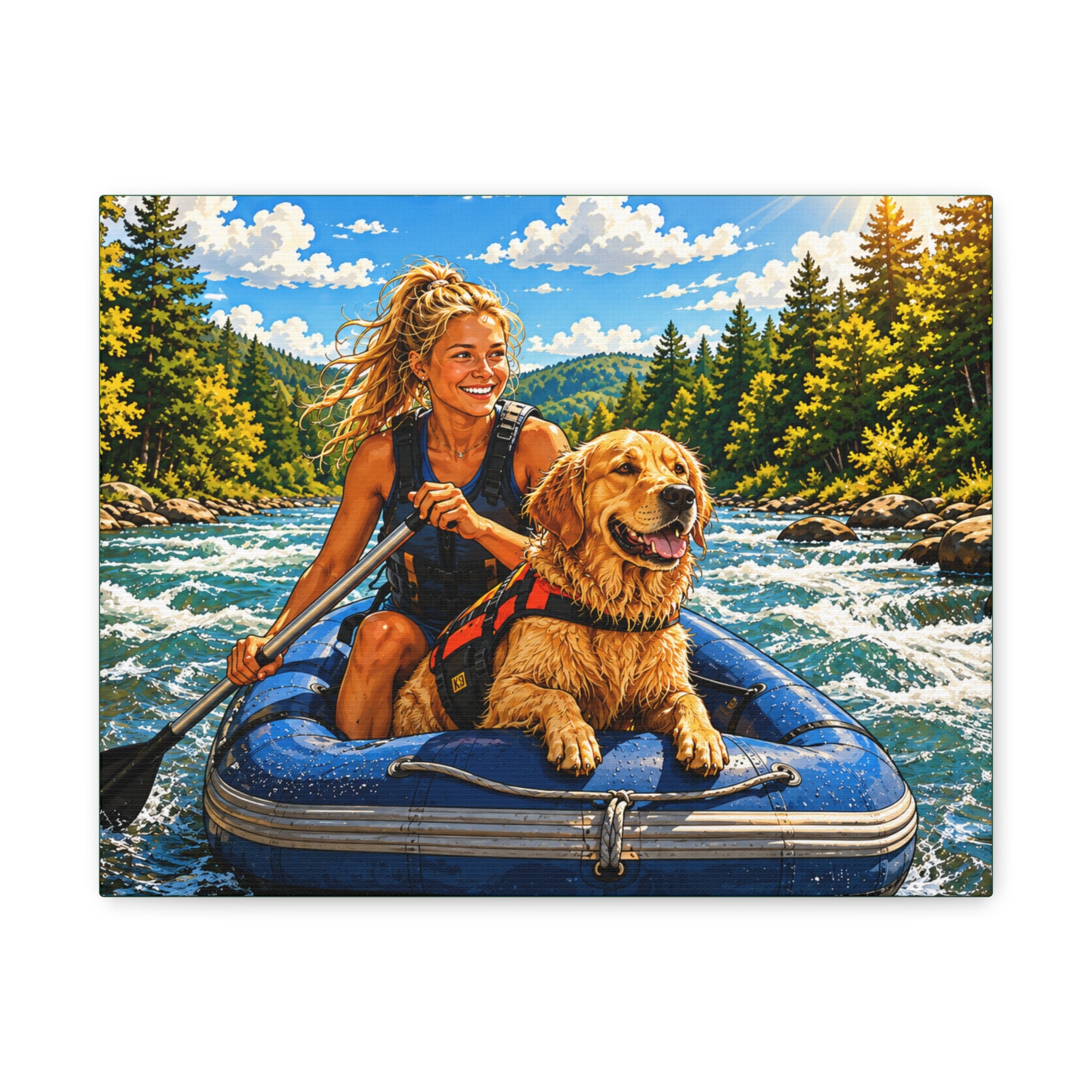 Rafting K-9 Adventure Canvas Print — Woman & Dog River Wall Art