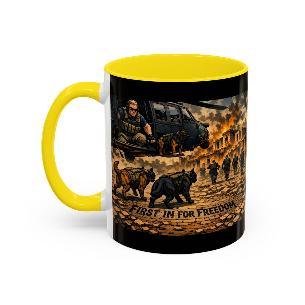 Military K9 Coffee Mug — 'First In for Freedom' Accent Ceramic Mug