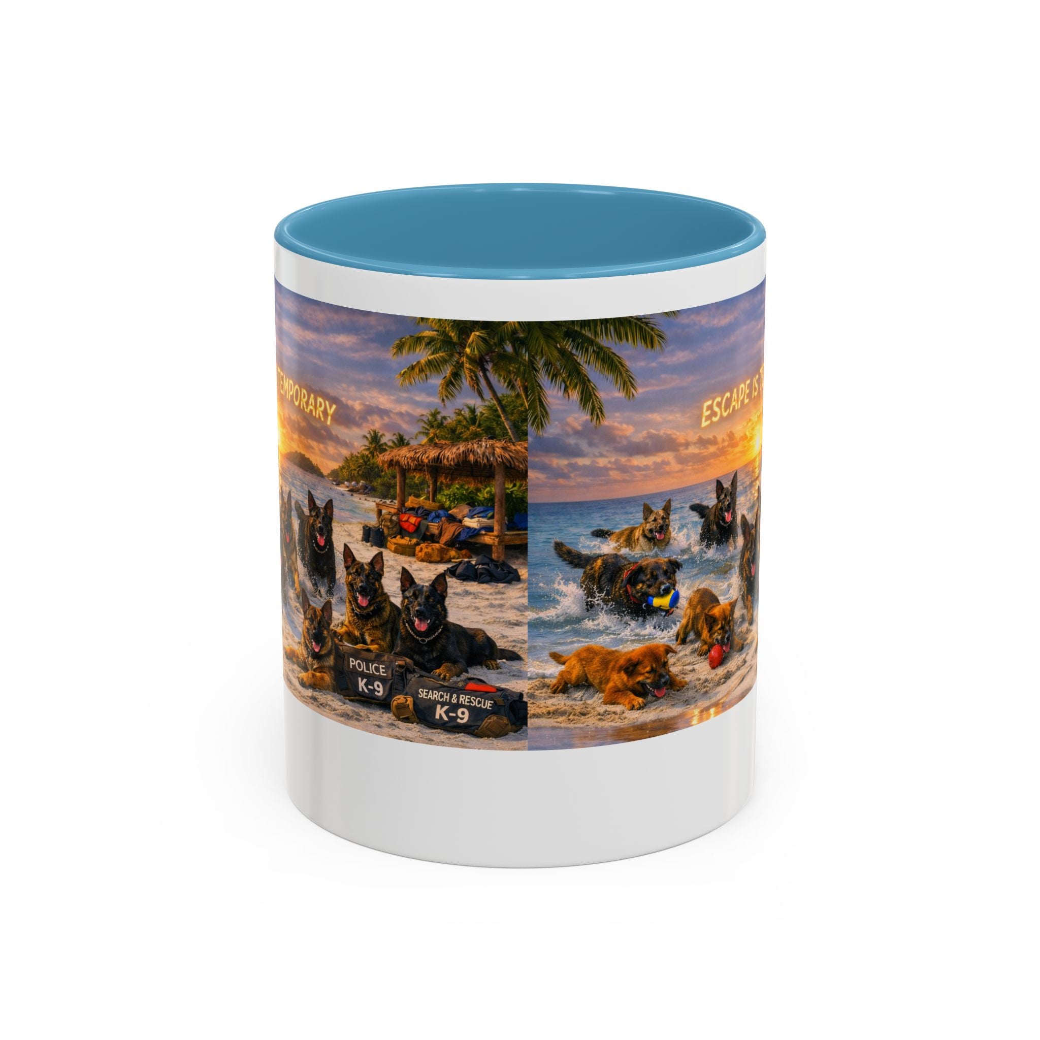Dutch Shepherd Beach Coffee Mug — "Escape Is Temporary" Accent Mug (11/15oz)