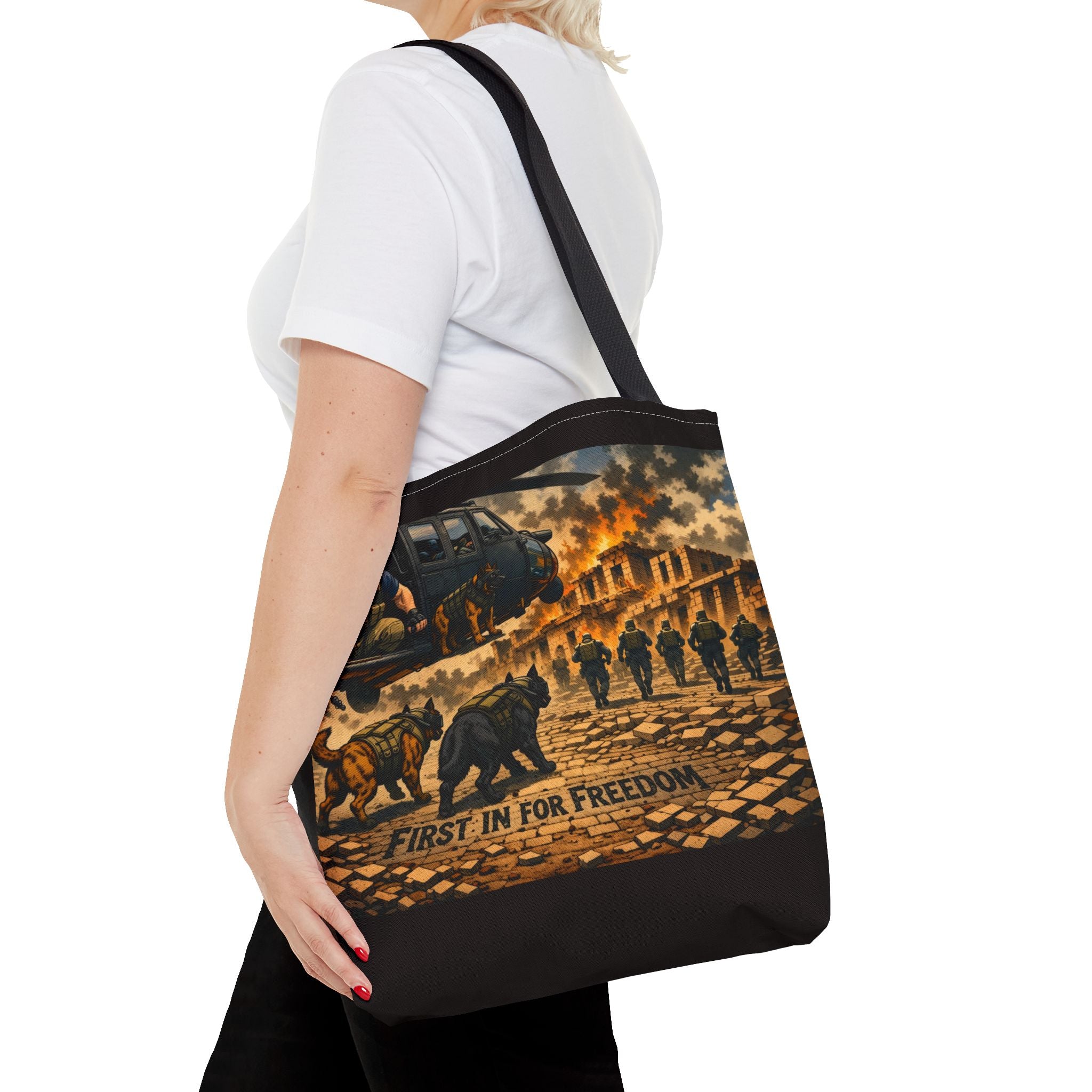 Tote Bag — "First In For Freedom" Military Scene Tote
