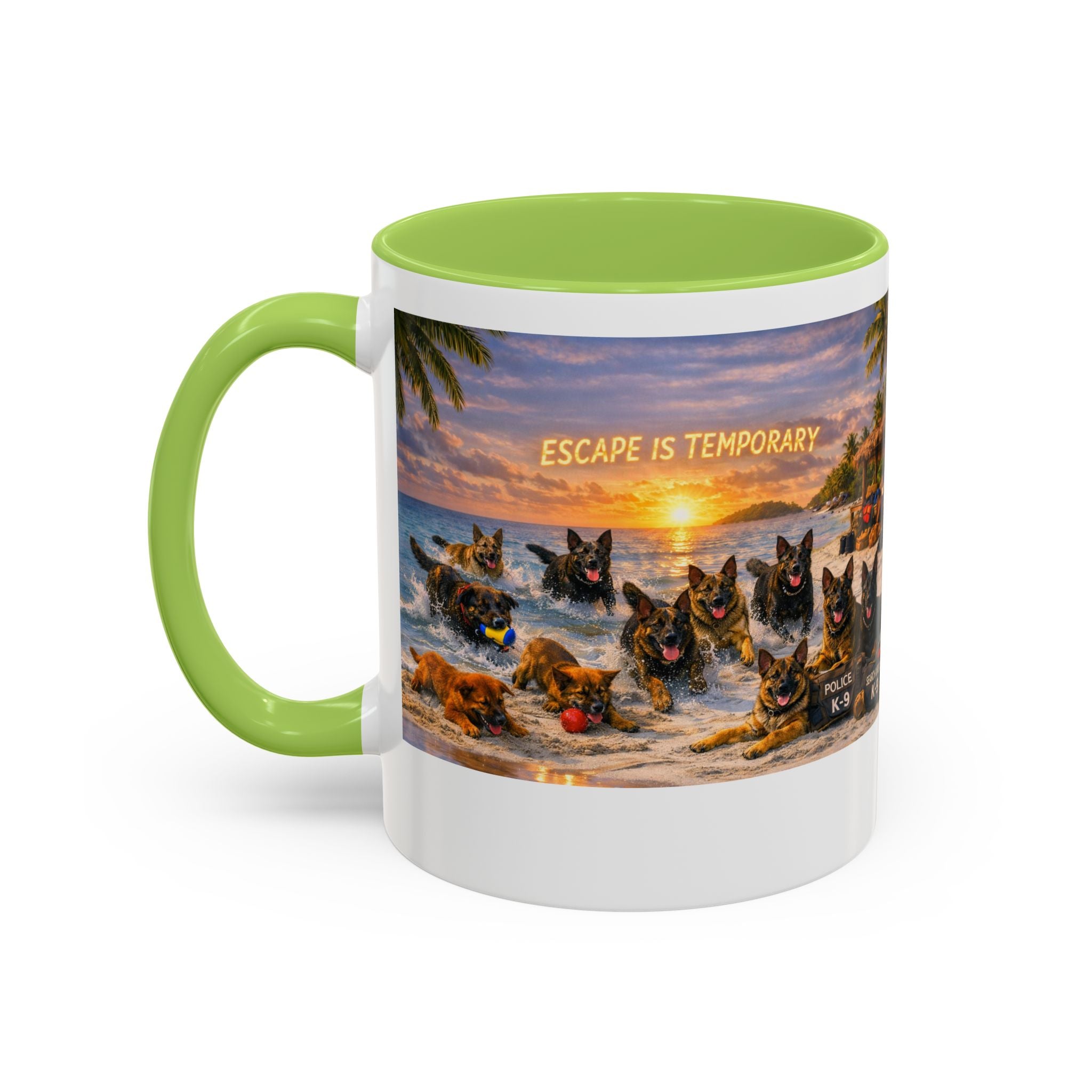 Dutch Shepherd Beach Coffee Mug — "Escape Is Temporary" Accent Mug (11/15oz)