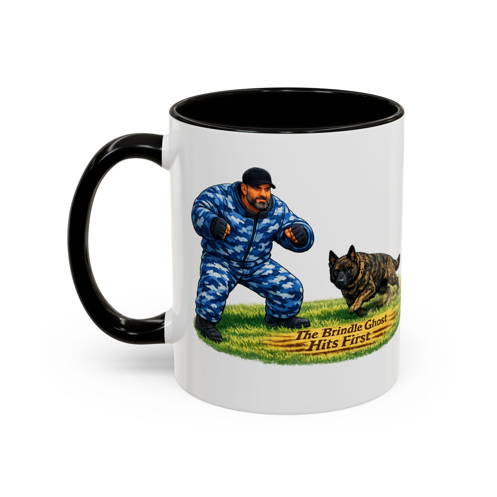 K9 Protection Trainer Mug — “The Brindle Ghost Hits First” Color Accent Coffee Cup (11oz/15oz)