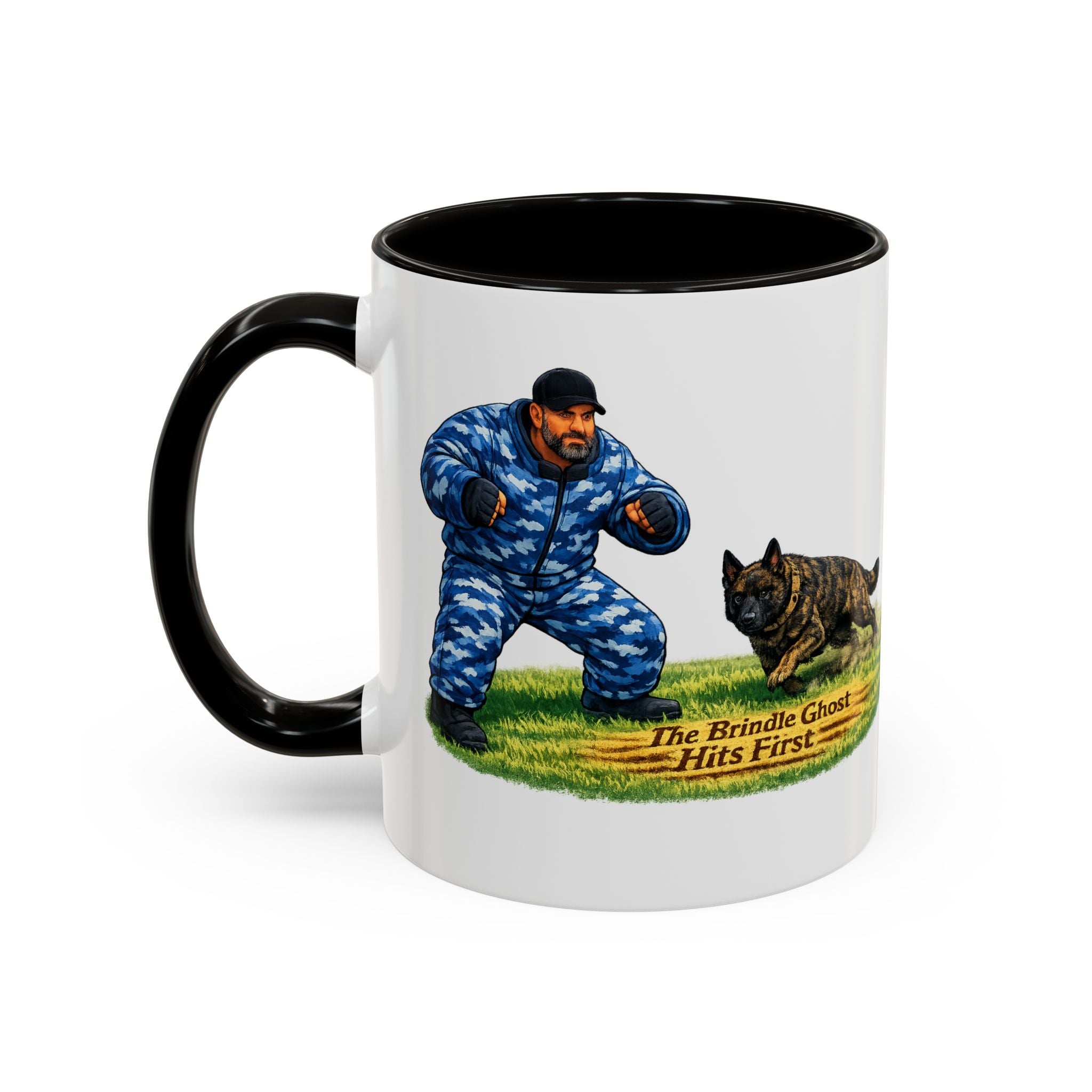 K9 Protection Trainer Mug — “The Brindle Ghost Hits First” Color Accent Coffee Cup (11oz/15oz)