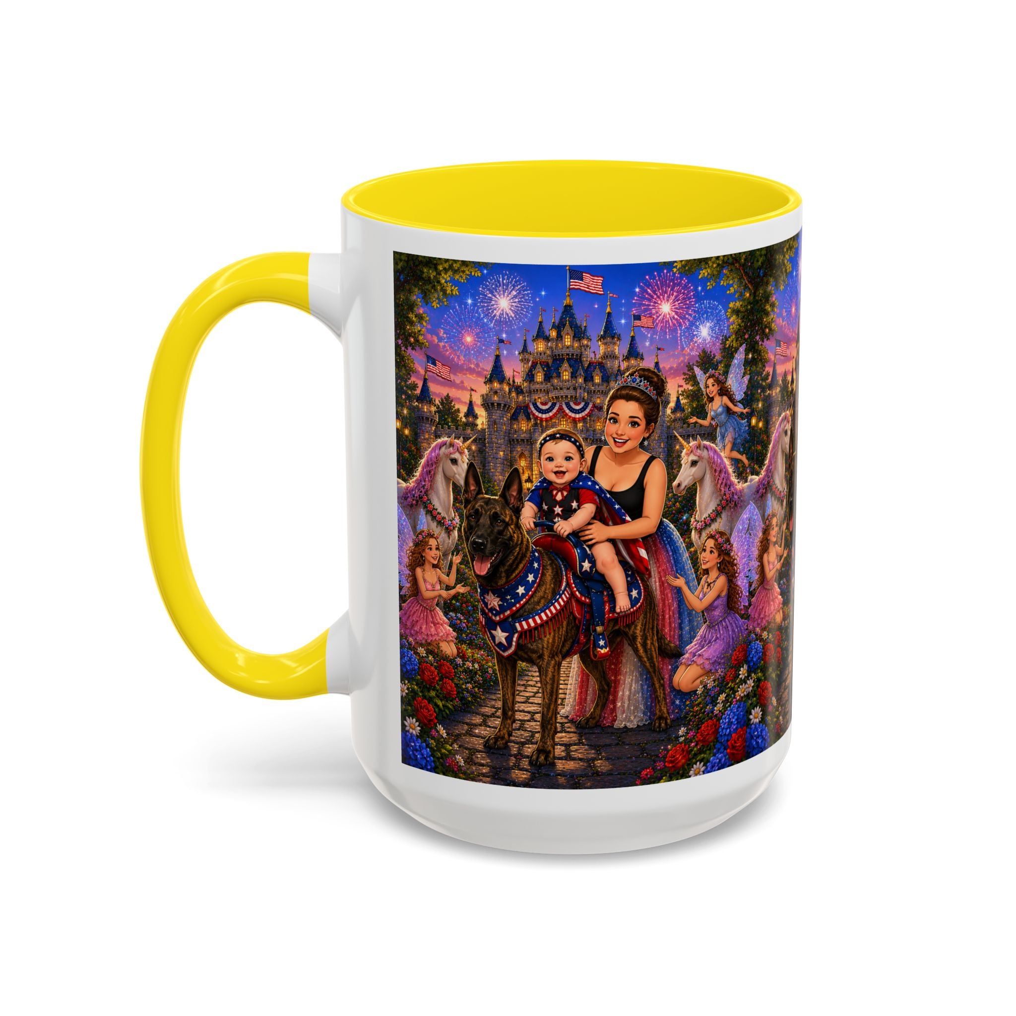 Patriotic Fairy Tale Coffee Mug — Family Castle, Fireworks & Unicorns