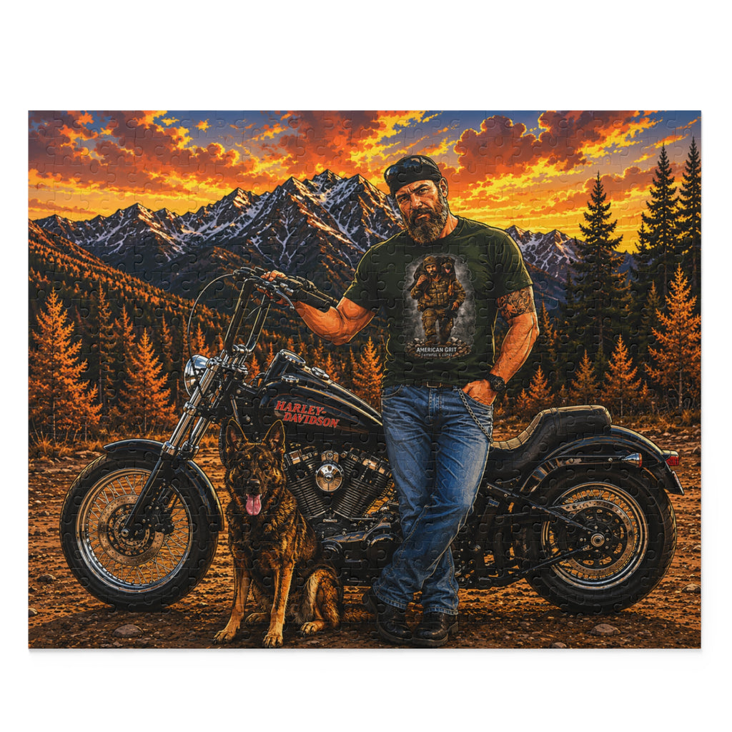Motorcycle Sunset Puzzle — Biker with Dog Mountain Scene (120/252/500-Piece)