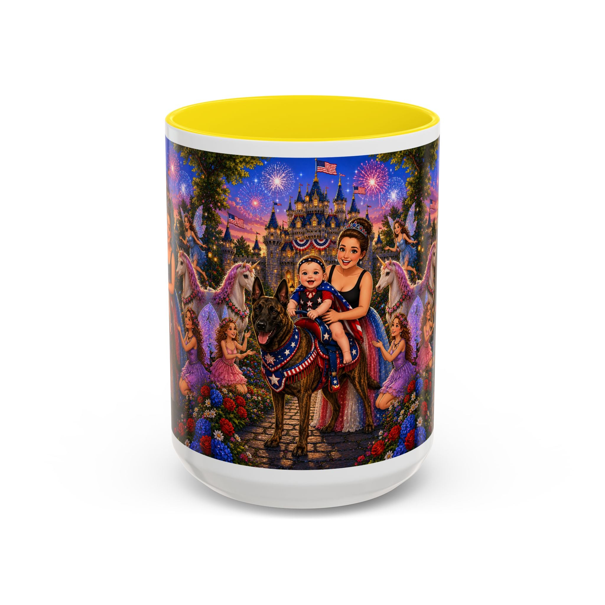 Patriotic Fairy Tale Coffee Mug — Family Castle, Fireworks & Unicorns
